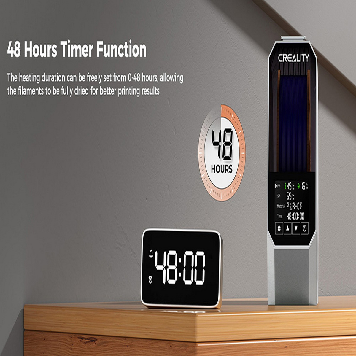 Das Bild zeigt einen digitalen Timer mit der Anzeige 48:00, ein Gerät mit Display und eine Uhr mit der Zahl 48. Text erwähnt einen 48-Stunden-Timer.