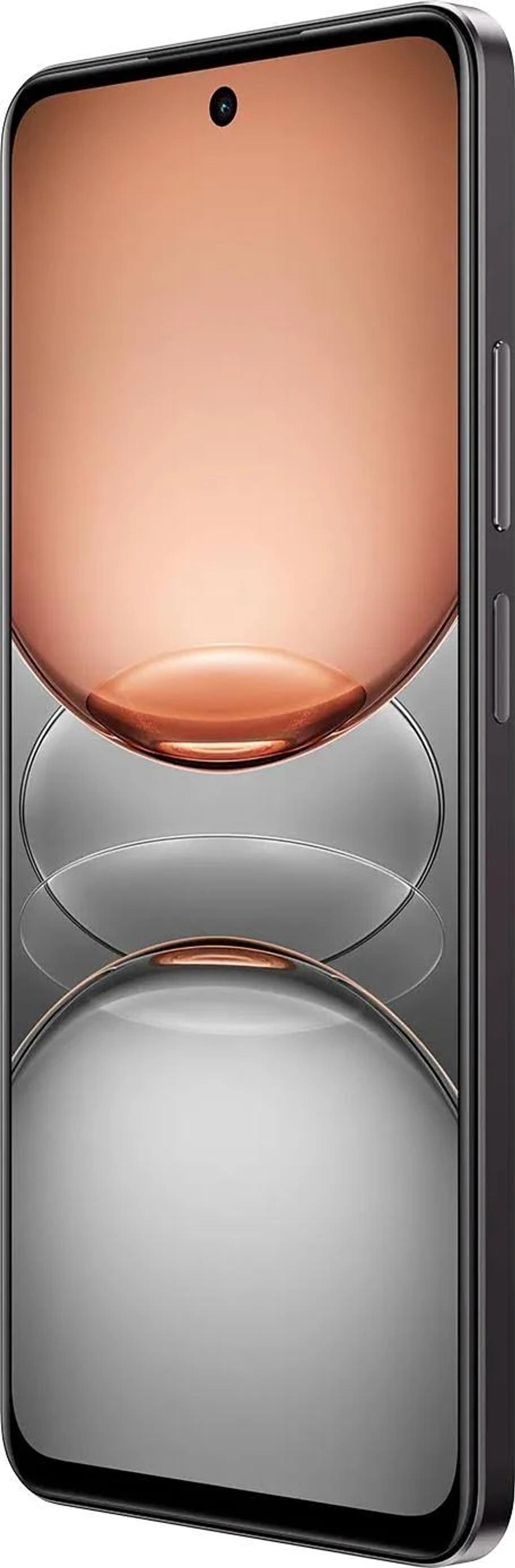 Smartfon z ekranem, który ma gradient od brzoskwiniowego do szarego. Z boku telefonu znajdują się przyciski.