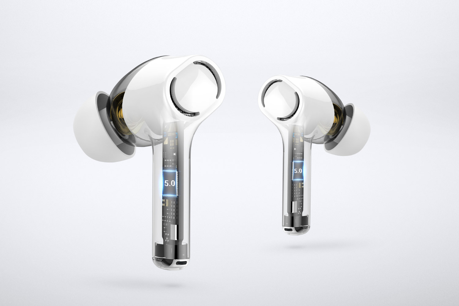 Dwa białe bezprzewodowe słuchawki, pokazujące wewnętrzne komponenty, z przezroczystym designem. Wyświetlana jest liczba '5.0'.