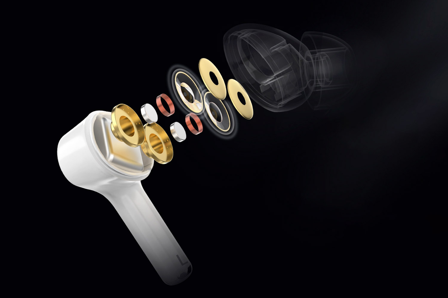 Widok rozłożony białej słuchawki z wewnętrznymi elementami, w tym złotymi i miedzianymi pierścieniami, na czarnym tle.