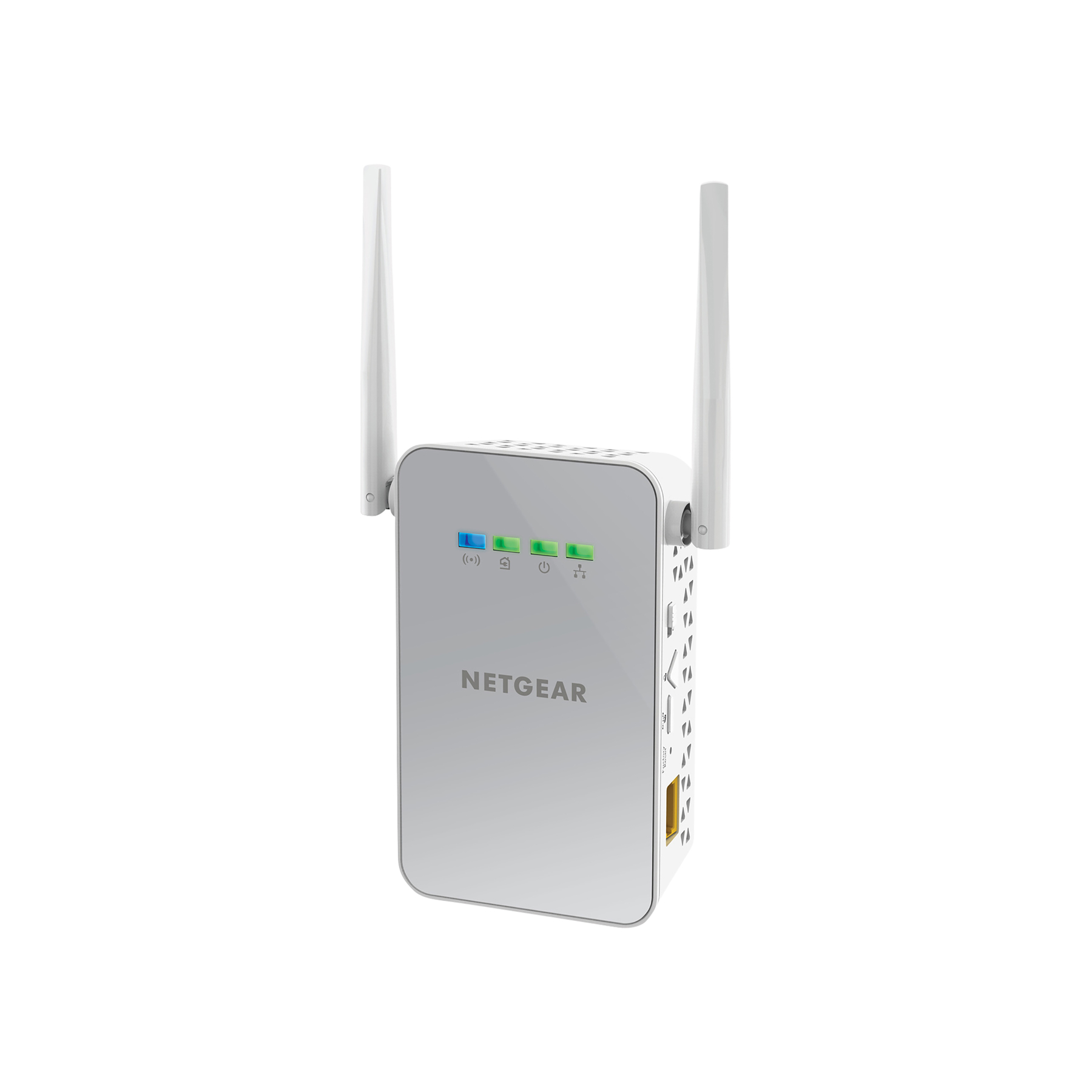 Biały wzmacniacz WiFi Netgear z dwiema antenami. Ma kontrolki stanu i logo. Tło jest białe.