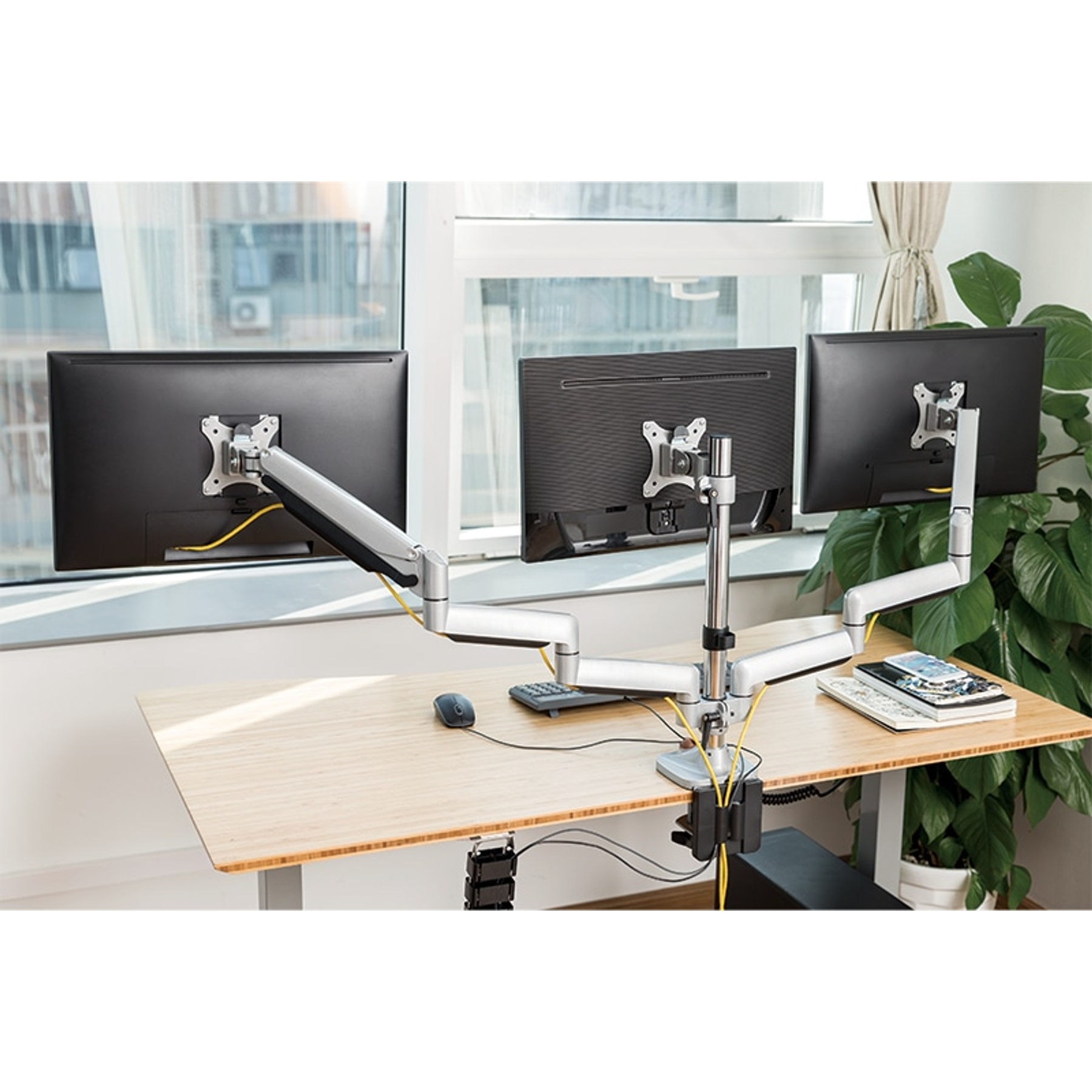 Drei Monitore auf einem Holztisch. Tastatur, Maus und Bücher sind vorhanden. Im Hintergrund befinden sich eine Pflanze und ein Fenster.