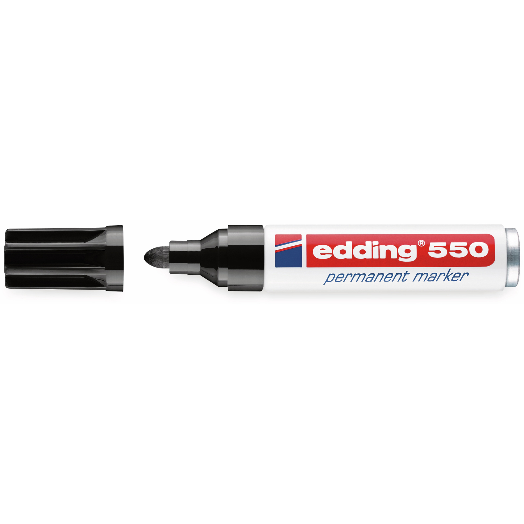 Ein Edding 550 Permanentmarker, schwarze Tinte, Kappe entfernt. Der Marker ist weiß mit dem Markennamen und dem Wort "Permanentmarker".