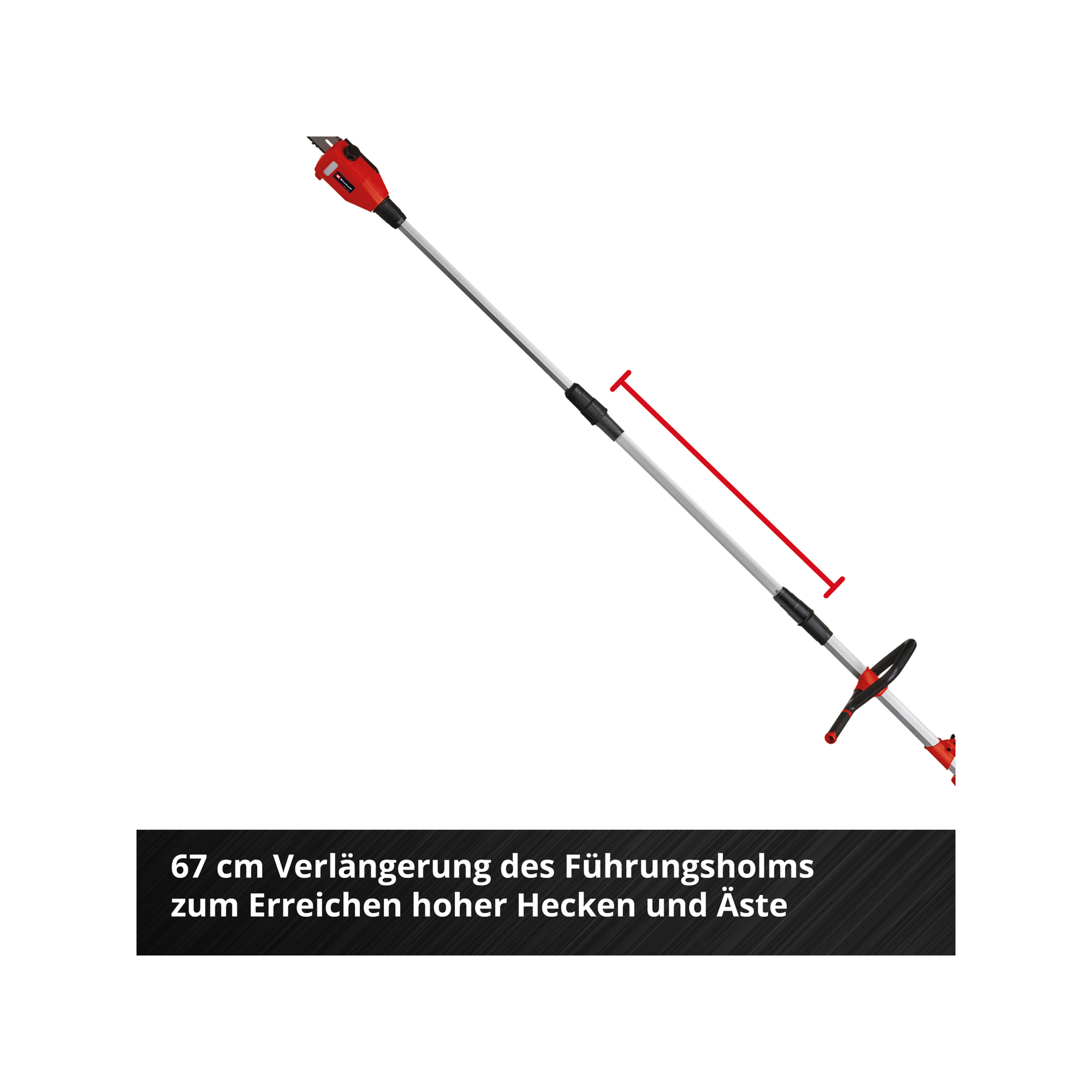 Una podadora extensible roja y plateada. Texto: Extensión de 67 cm de la barra guía para alcanzar setos y ramas altas.