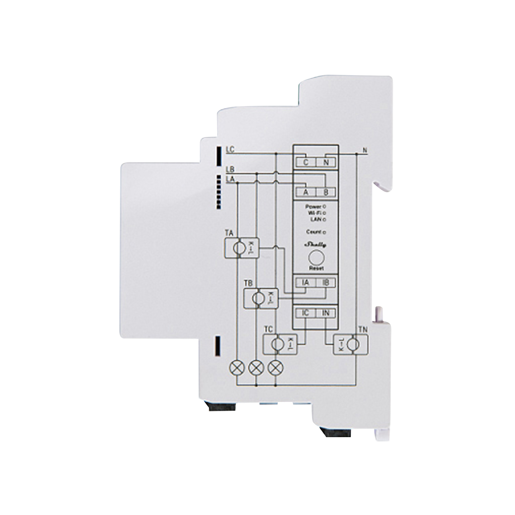 Biały komponent elektryczny z czarnymi etykietami i diagramami, w tym literami, symbolami i tekstem, na białym tle.