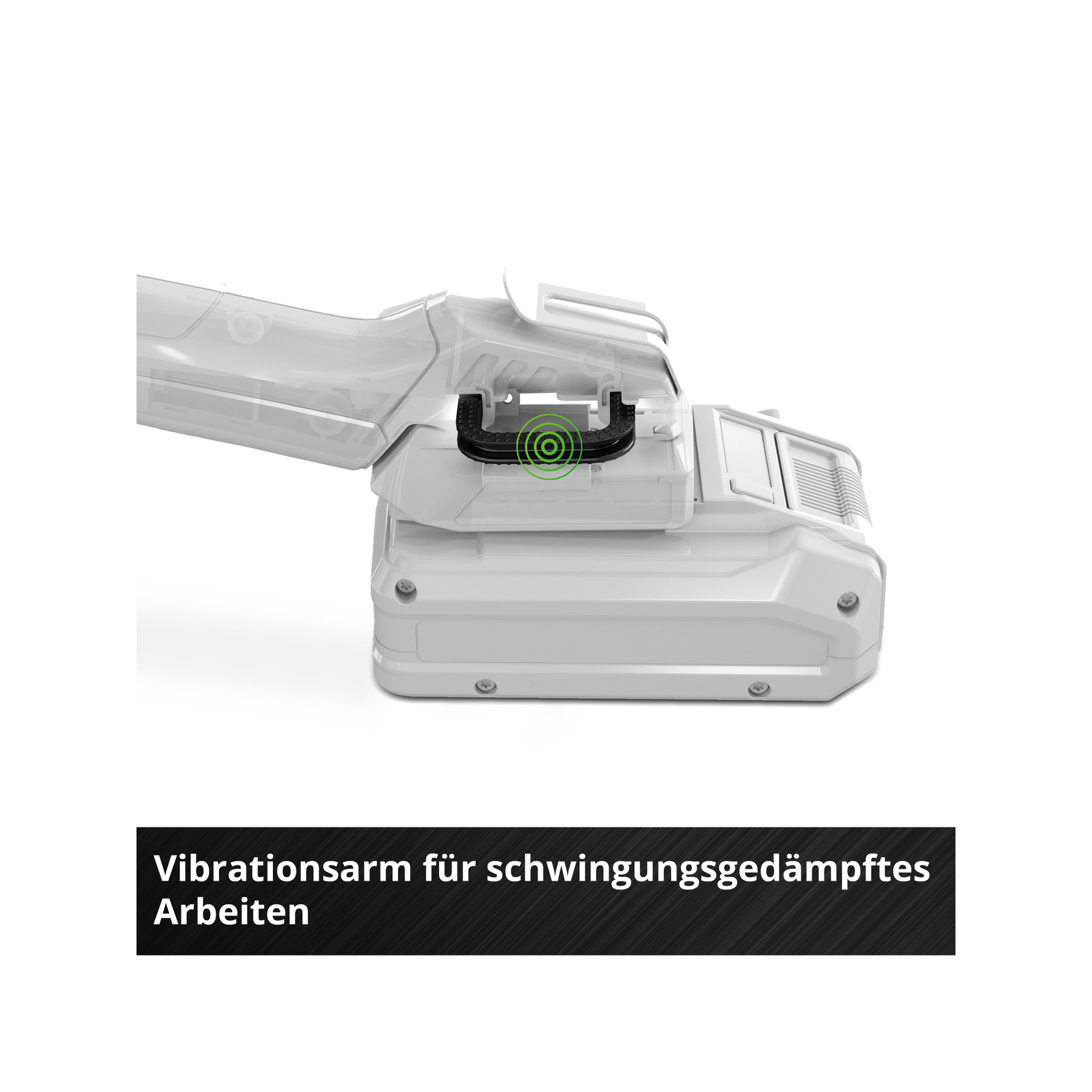 Białe urządzenie z przezroczystym ramieniem, czarnym uchwytem i zielonym symbolem wibracji. Tekst: Vibrationsarm für schwingungsgedämpftes Arbeiten.