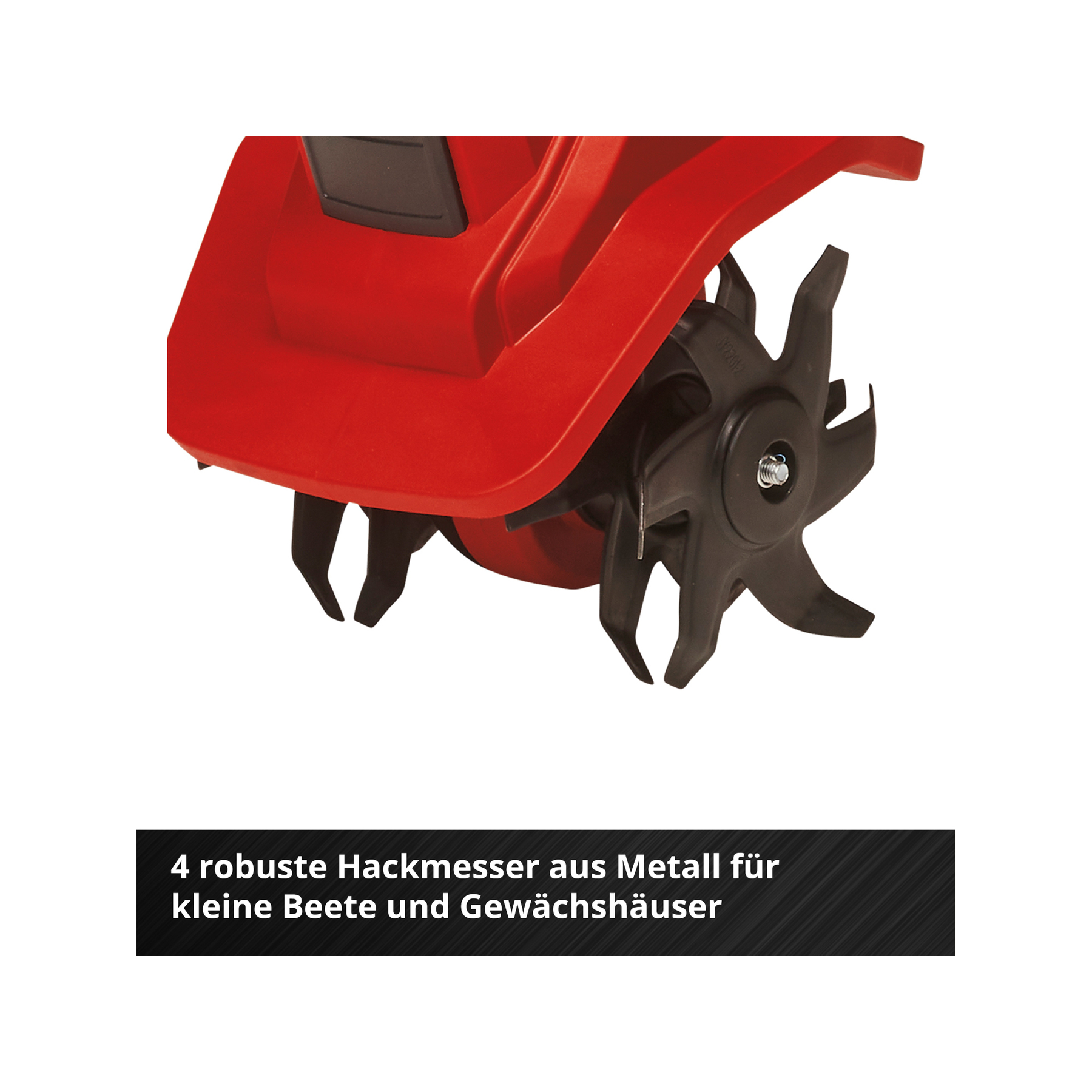 Czerwone narzędzie ogrodnicze z czarnymi ostrzami. Tekst: 4 solidne metalowe ostrza do małych rabat i szklarni.