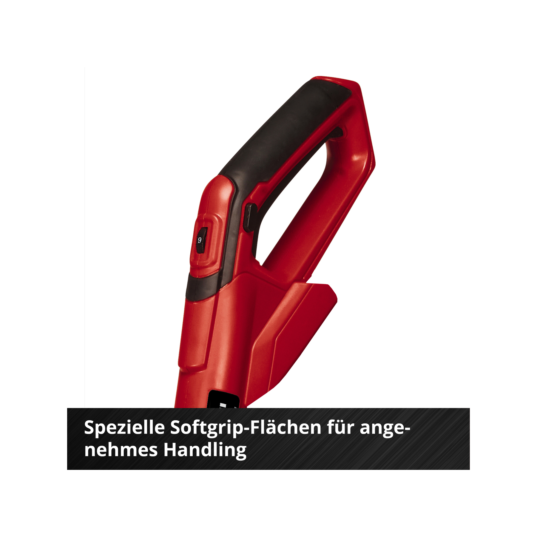 Czerwono-czarny uchwyt odkurzacza. Tekst na czarnym bannerze głosi: Specjalne obszary miękkiego uchwytu dla wygodnej obsługi.