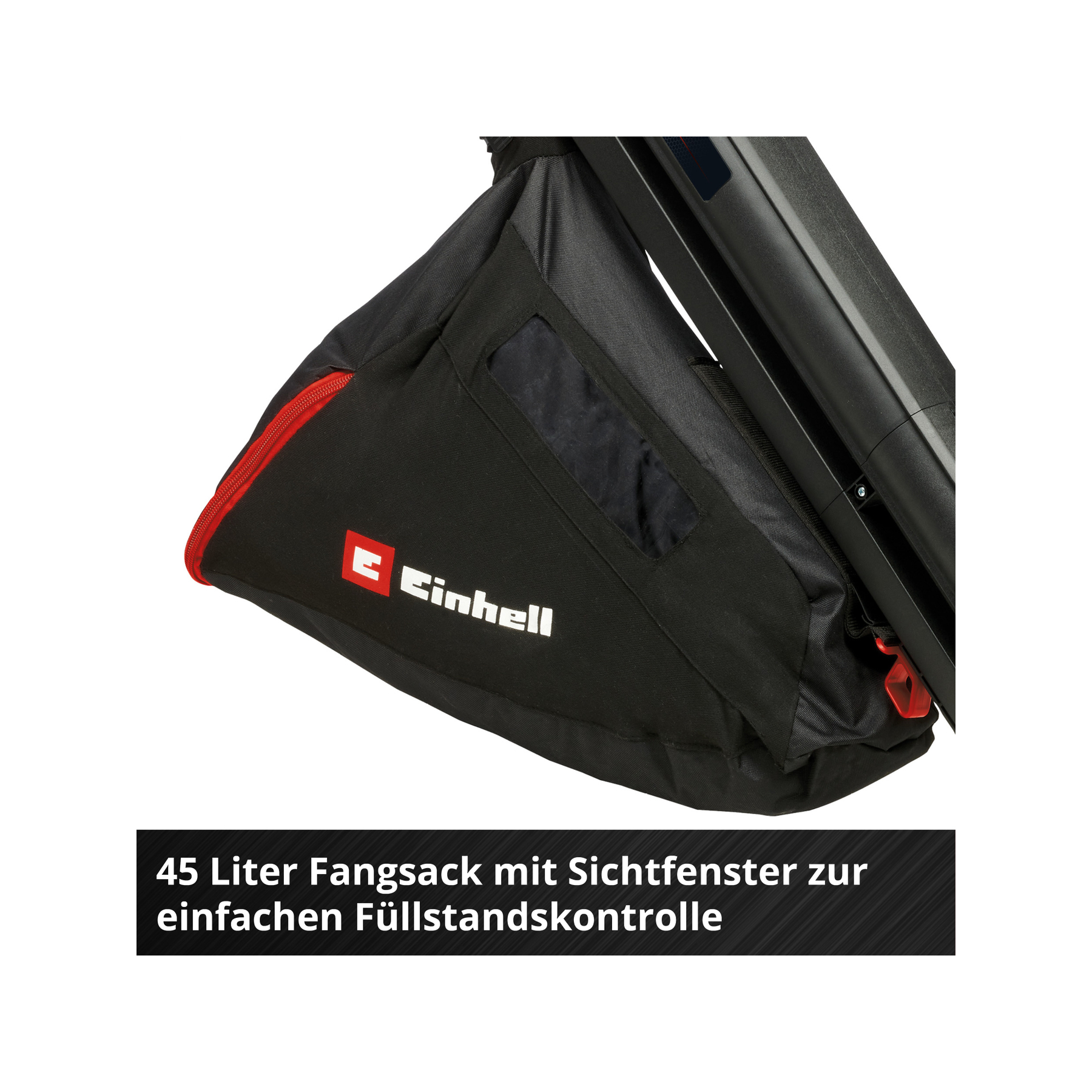 Czarna torba z materiału z czerwonym zamkiem i oknem. Widoczna marka 'Einhell'. Obecny tekst '45 Liter Fangsack'.