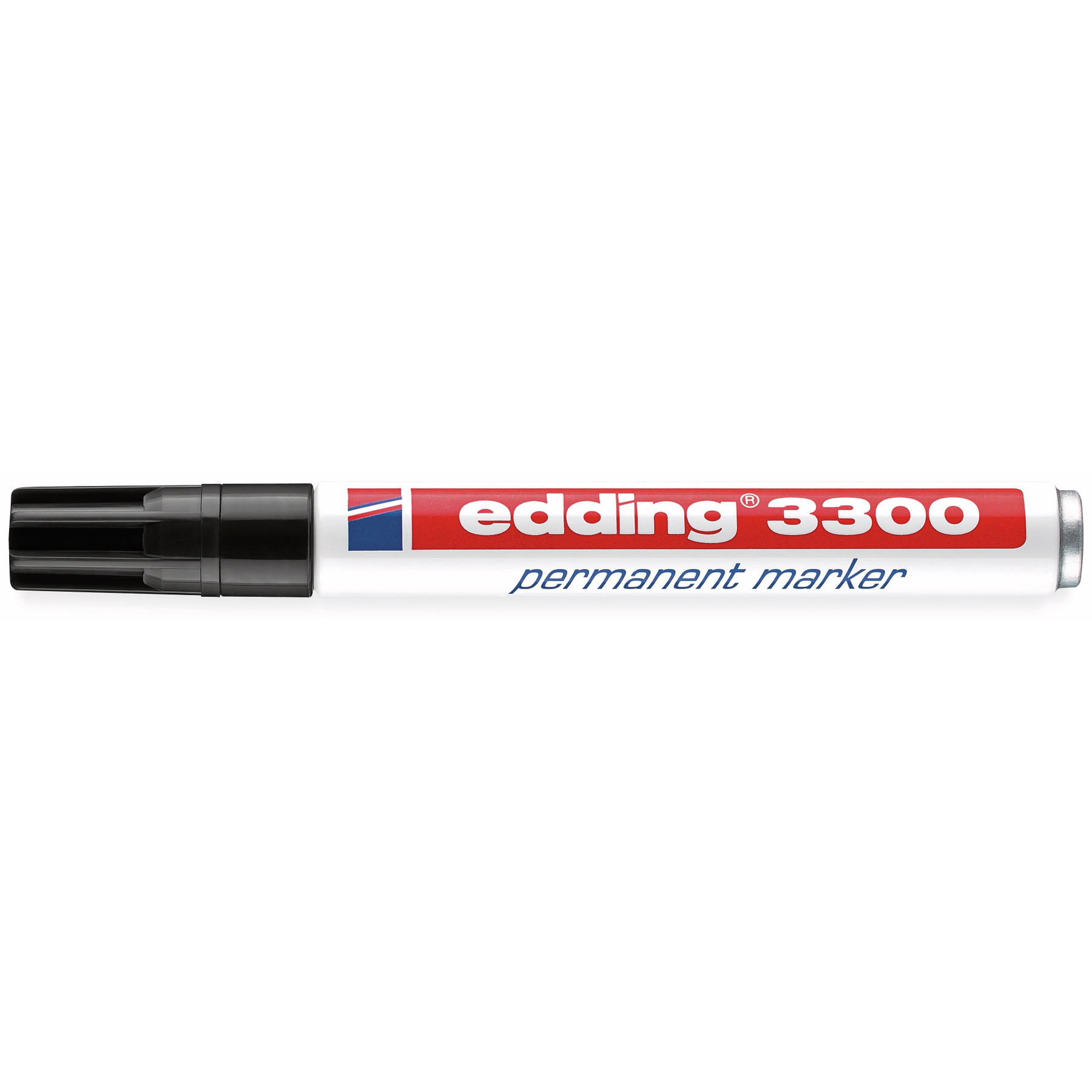 Ein Edding 3300 Permanentmarker. Schwarze Spitze, weißer Körper mit rotem Logo und Text. Der Marker befindet sich auf weißem Hintergrund.