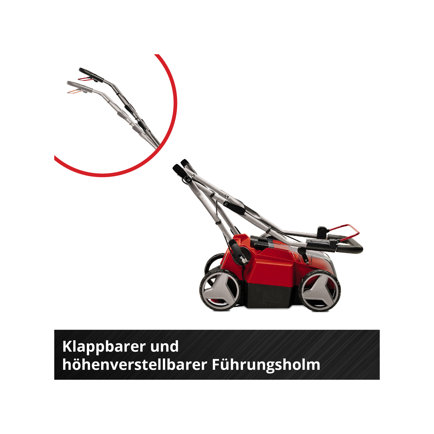 Roter und schwarzer Rasenmäher mit klappbarem und höhenverstellbarem Lenker, Rädern und weißem Hintergrund.