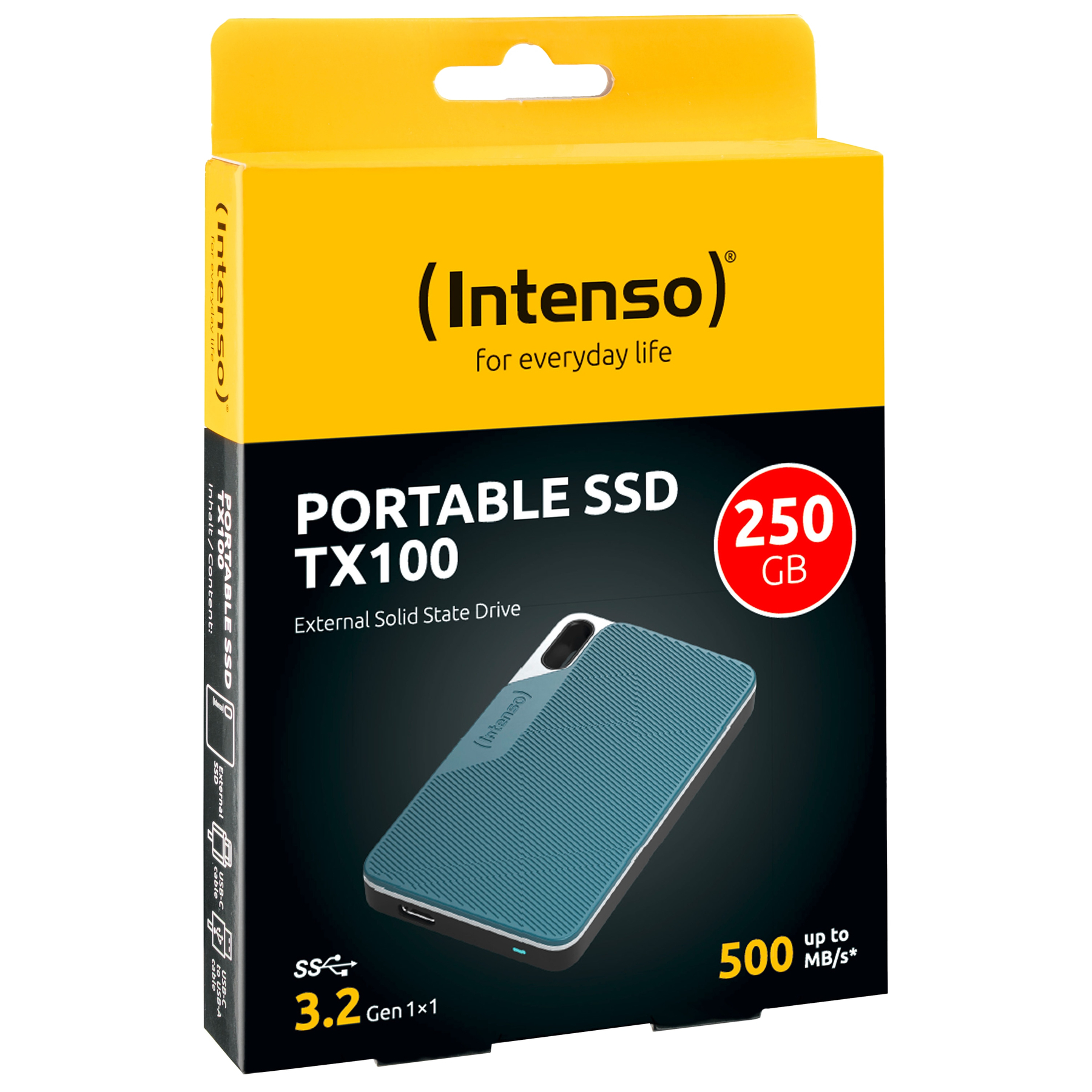 Pudełko z niebieskim dyskiem SSD i marką Intenso. Widnieje napis Portable SSD TX100, 250 GB i 500 MB/s.