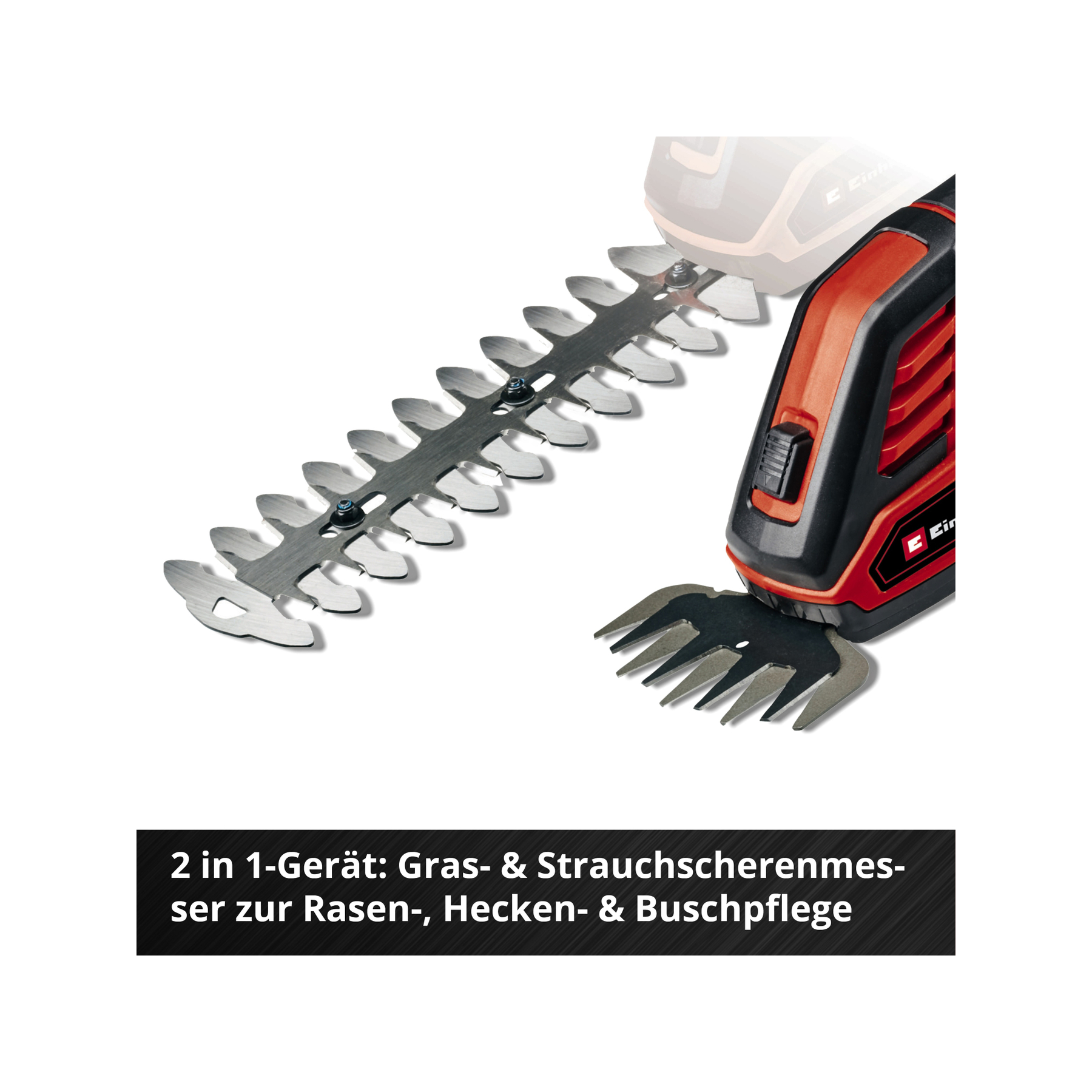 Nożyce do trawy i krzewów 2 w 1 z czarnym i czerwonym korpusem oraz srebrnymi ostrzami. Tekst mówi: do pielęgnacji trawników, żywopłotów i krzewów.