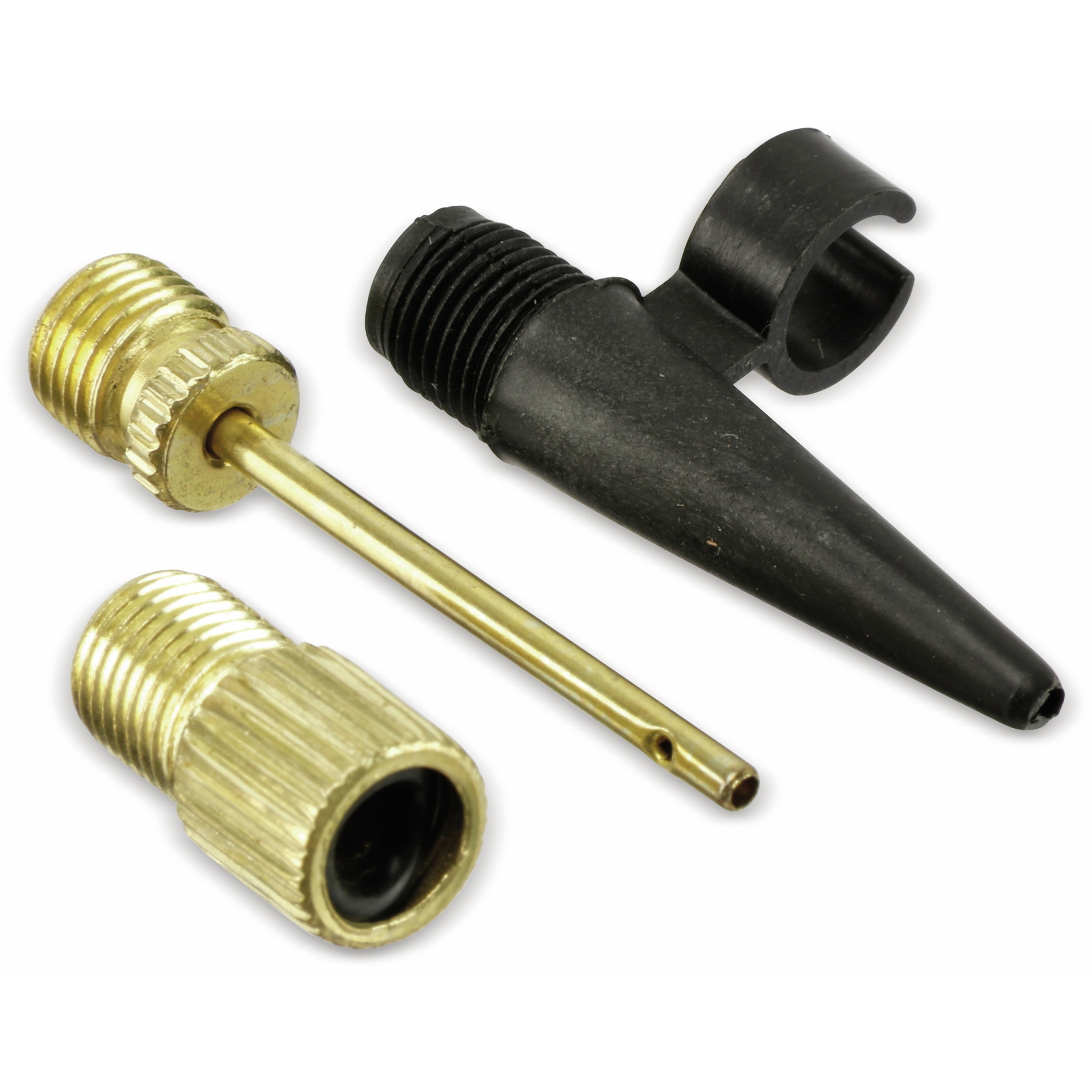 Drie bandenpomp onderdelen op wit. Gouden metalen onderdelen en zwart plastic onderdeel met een mondstuk.