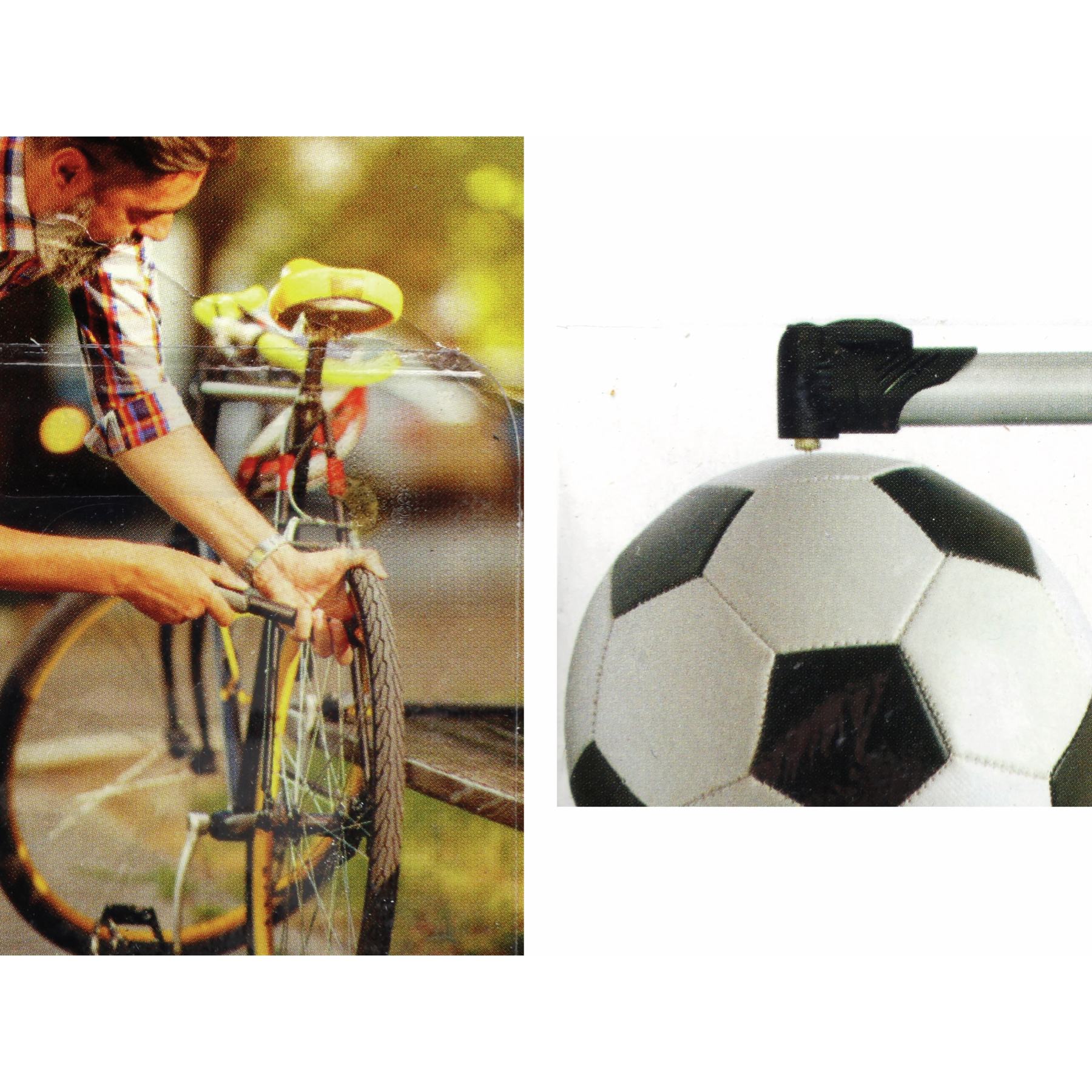 Man pompt fietsband op. Voetbal wordt opgepompt met pomp. De scène speelt zich buiten af op een zonnige dag.