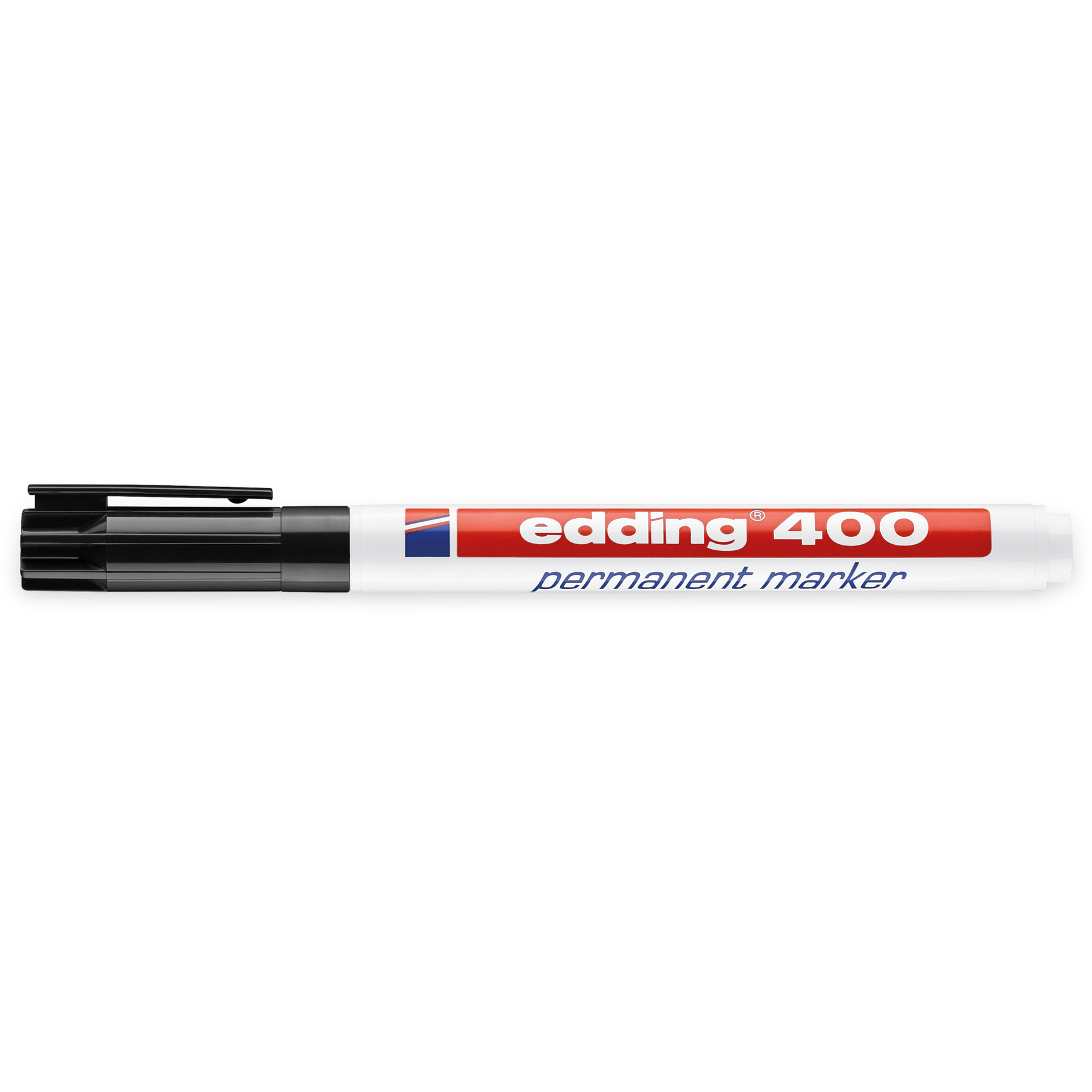 Ein weißer Edding 400 Permanentmarker. Der Marker ist an einem Ende schwarz und hat ein rot-blaues Branding.