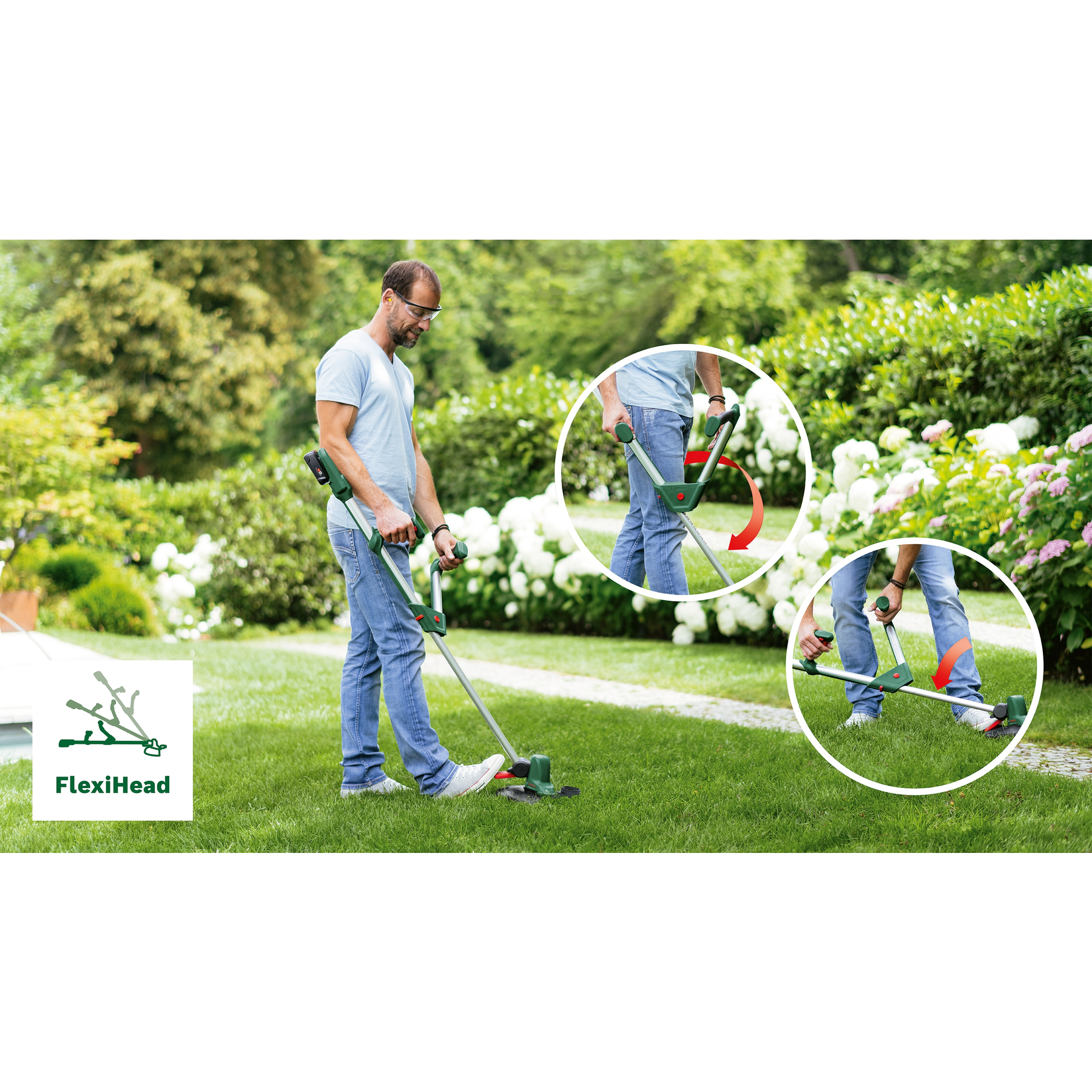 Mann benutzt grünen und silbernen FlexiHead-Trimmer im Garten. Zeigt Nahaufnahmen des verstellbaren Trimmerkopfes.