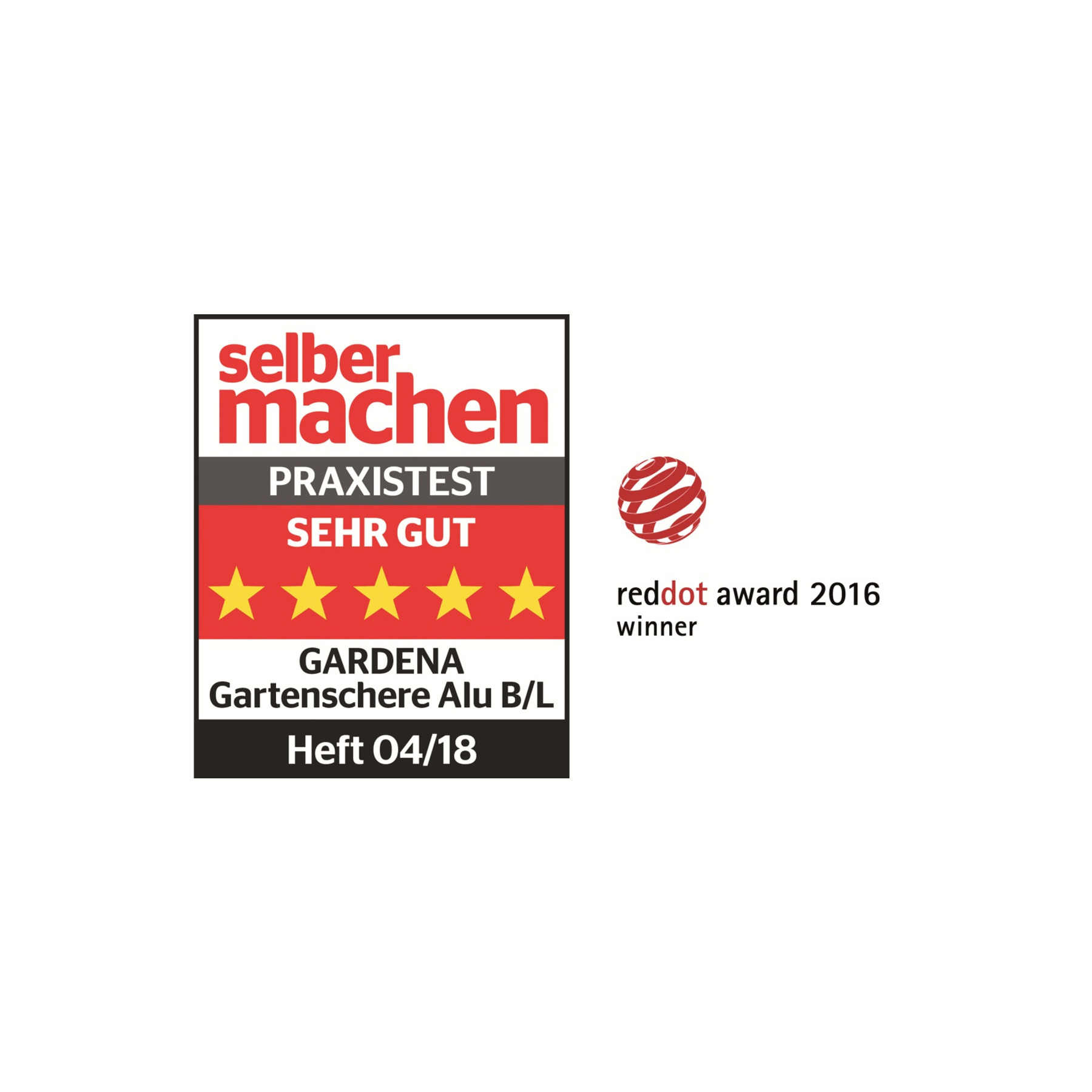 Obraz pokazuje recenzję produktu z czerwono-białym logo, pięcioma złotymi gwiazdami i logo zwycięzcy nagrody Red Dot.