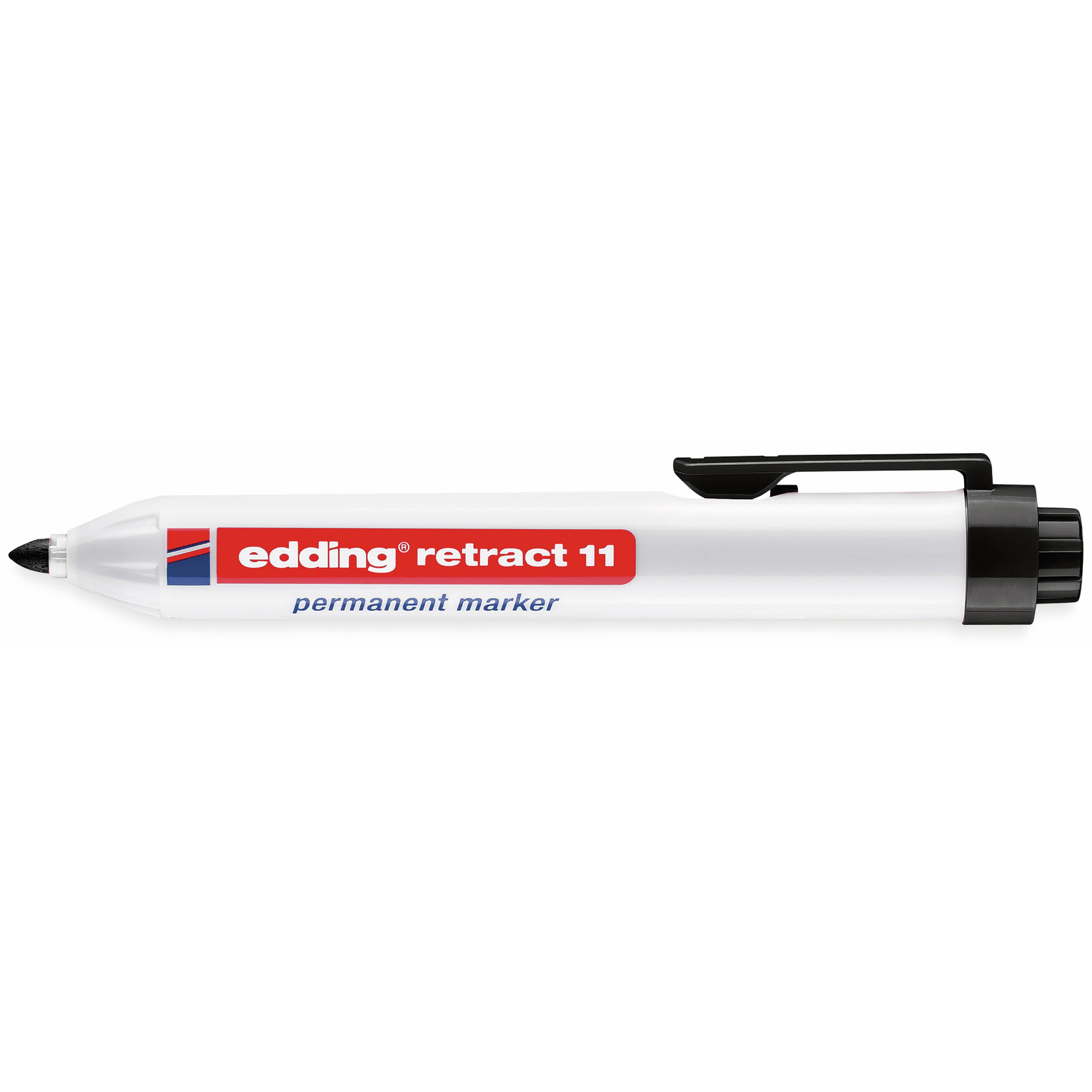 Ein weißer Edding Retract 11 Permanentmarker mit schwarzer Spitze und Clip. Der Marker hat rotes und blaues Branding.