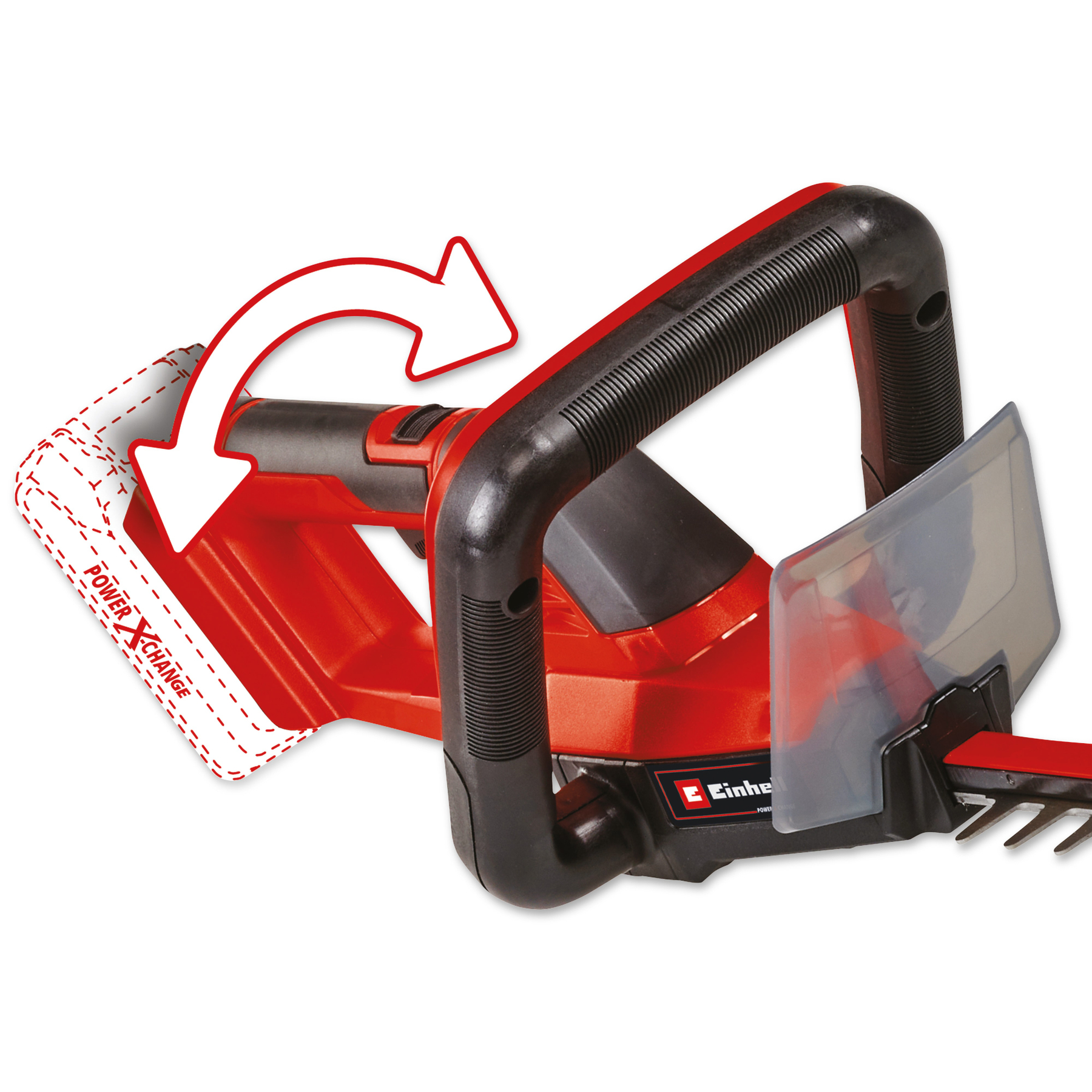 Roter und schwarzer Heckenschneider mit schwarzem Griff. Weißer Pfeil zeigt eine Power-Exchange-Funktion an.