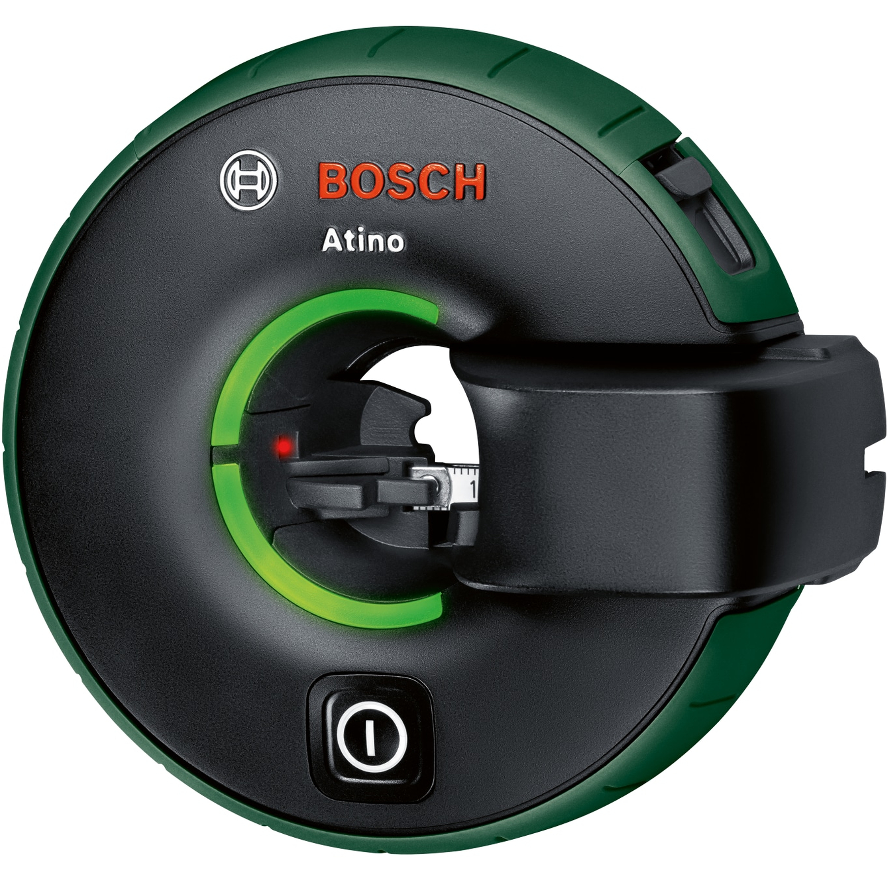 Ein schwarzer und grüner Bosch Atino Laser. Es hat einen Power-Knopf, einen grünen Ring und eine rote Lichtanzeige.