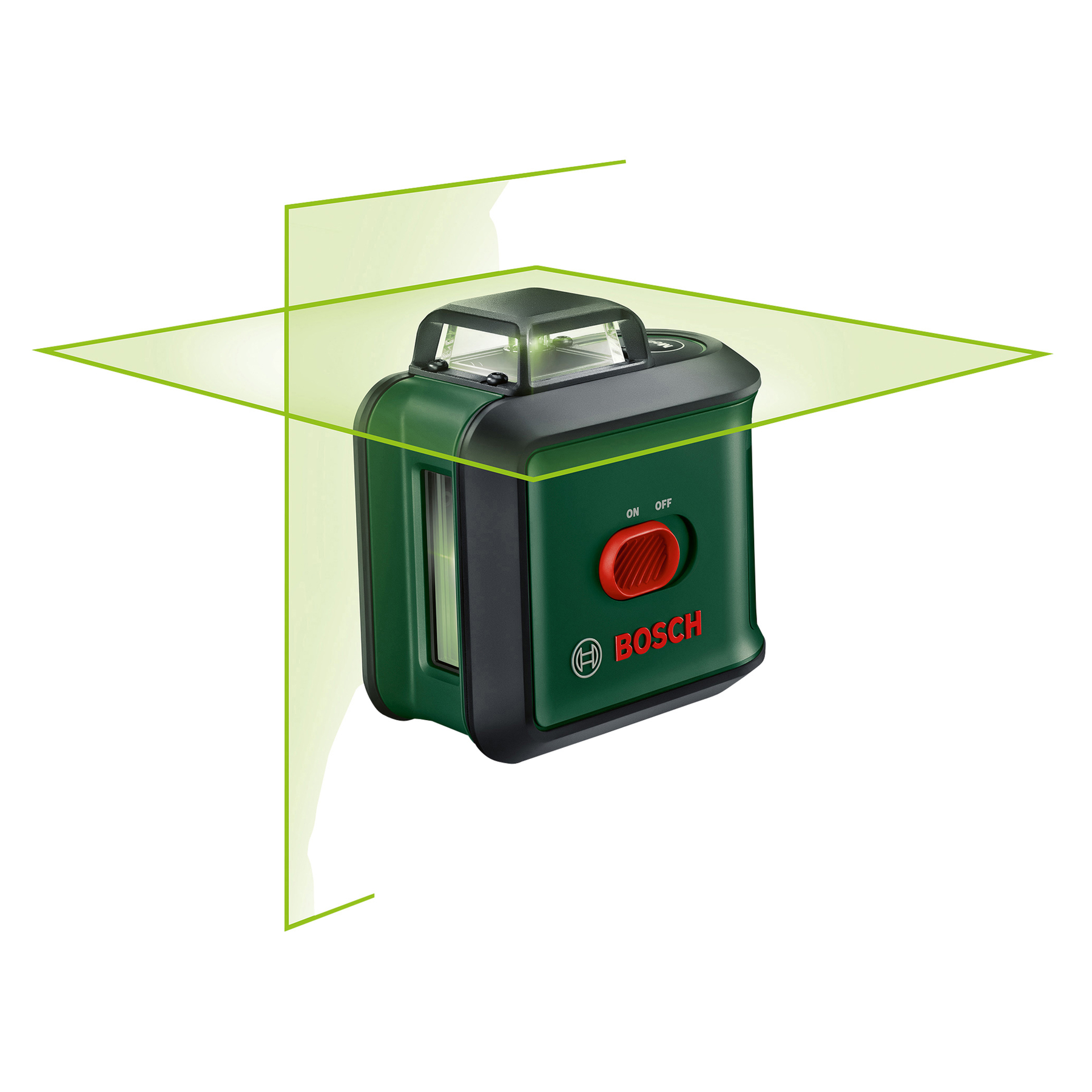 Zielony poziomica laserowa Bosch rzutuje zielone linie. Ma czerwony przycisk i logo Bosch. Tło jest białe.