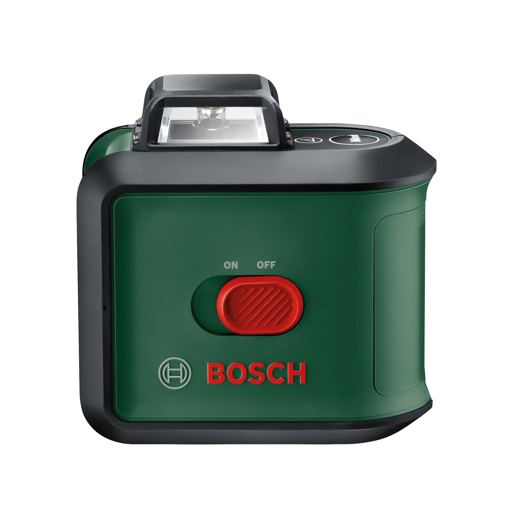 Zielony poziomica laserowa Bosch. Czerwony przycisk, włącz/wyłącz i logo Bosch widoczne. Czarny wierzch. Białe tło.