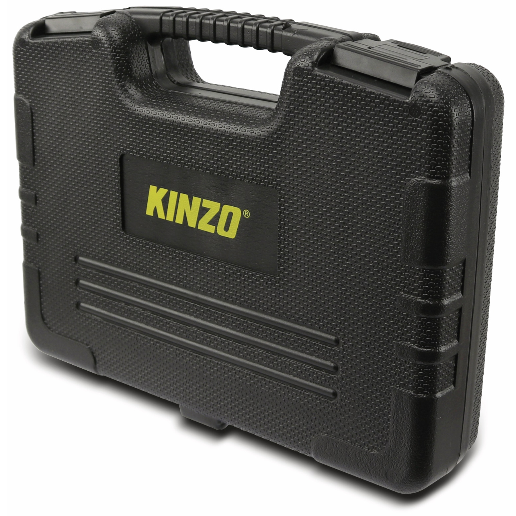 Zwarte gereedschapskist met handvat. Het Kinzo-logo staat op de voorkant.