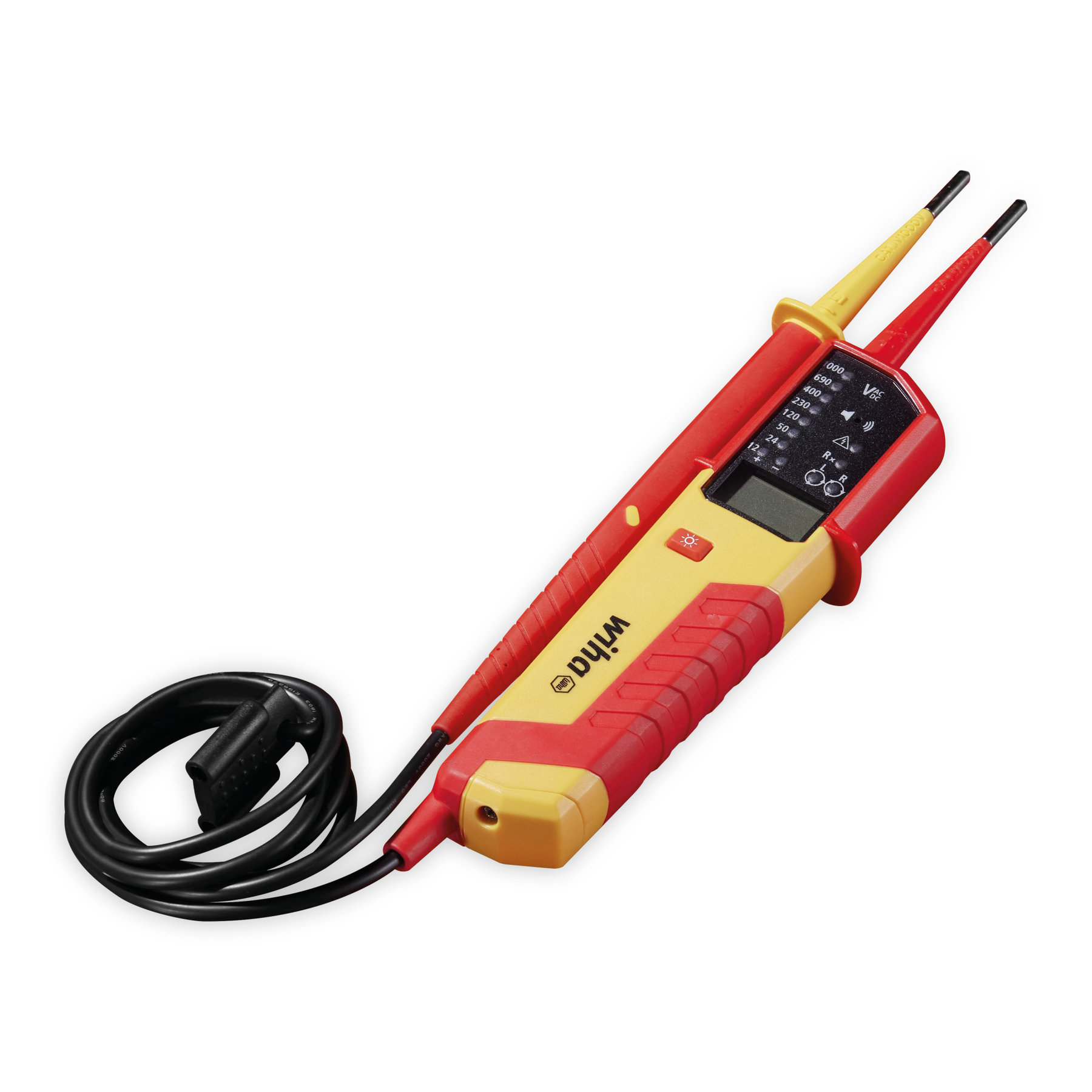 Ein Wiha-Spannungsprüfer. Er ist rot und gelb, mit schwarzen Sonden und einem schwarzen Kabel.