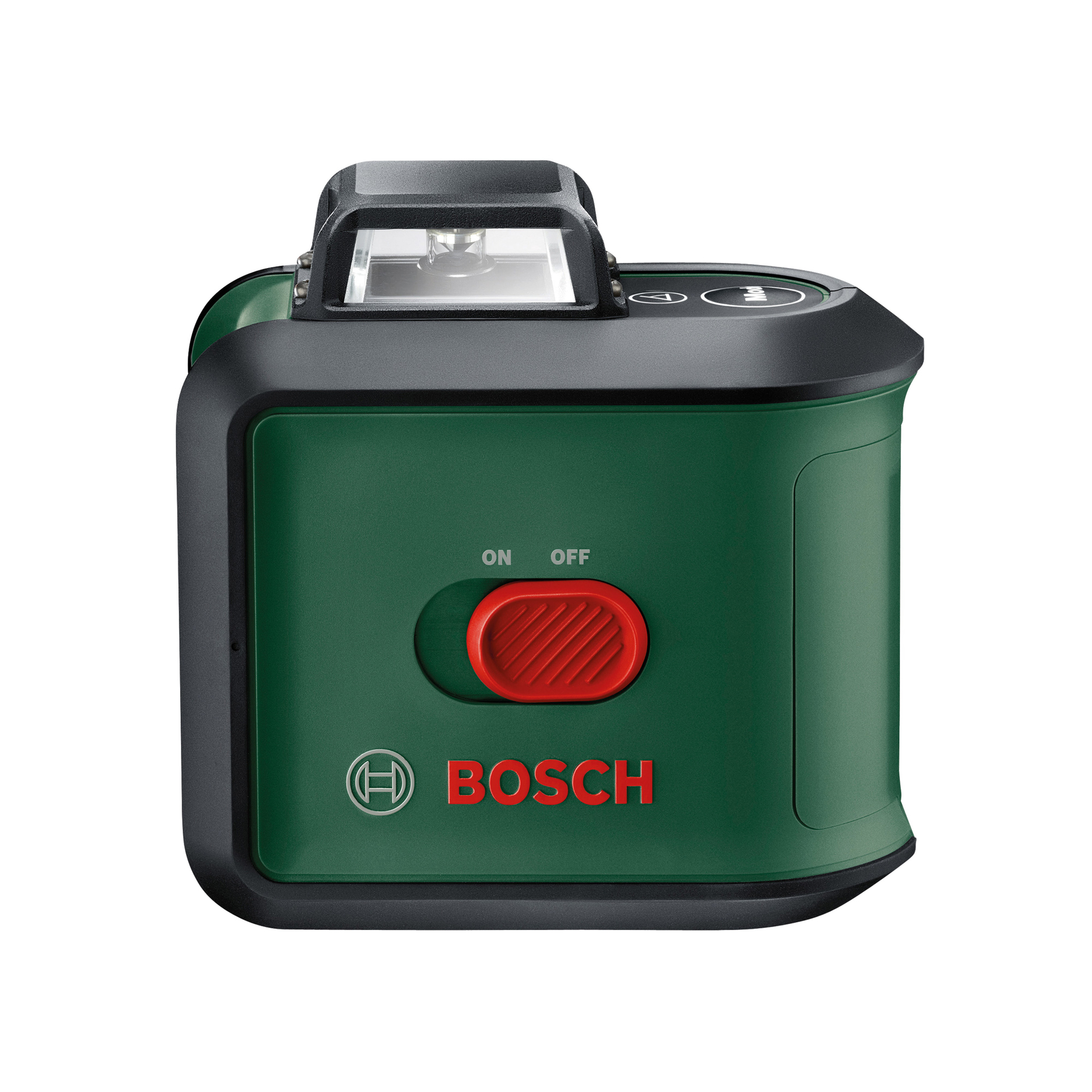 Un livello laser Bosch verde e nero, con un pulsante di accensione/spegnimento rosso. Il logo Bosch è visibile.