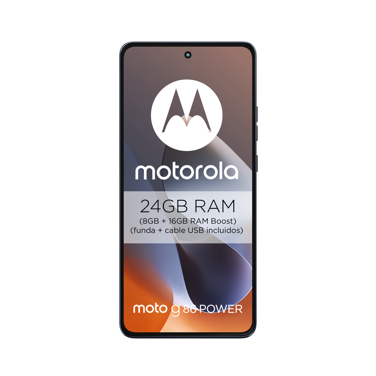 Telefon Motorola na czarnym tle. Białe koło z logo M, tekst: 24GB RAM, moto g80 POWER.