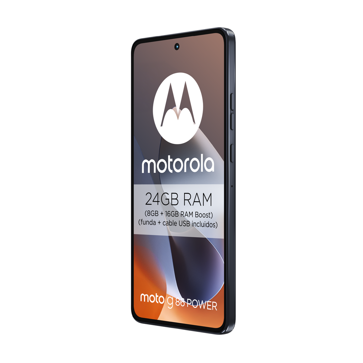 Telefon Motorola wyświetla logo marki, 24 GB RAM i nazwę modelu. Telefon znajduje się na czarnym tle.