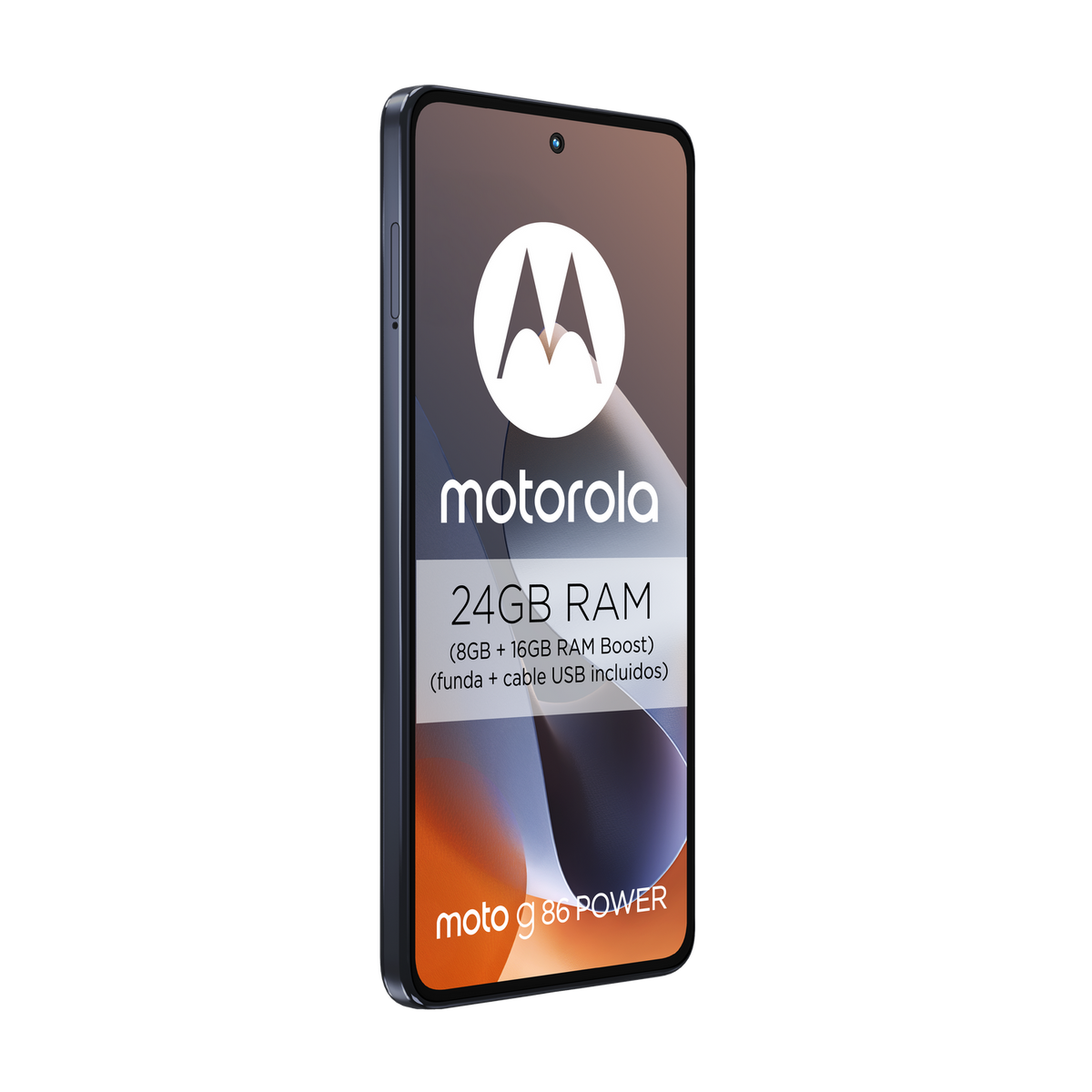 Telefon Motorola z ekranem wyświetlającym logo marki i szczegóły RAM. Telefon na czarnym tle.