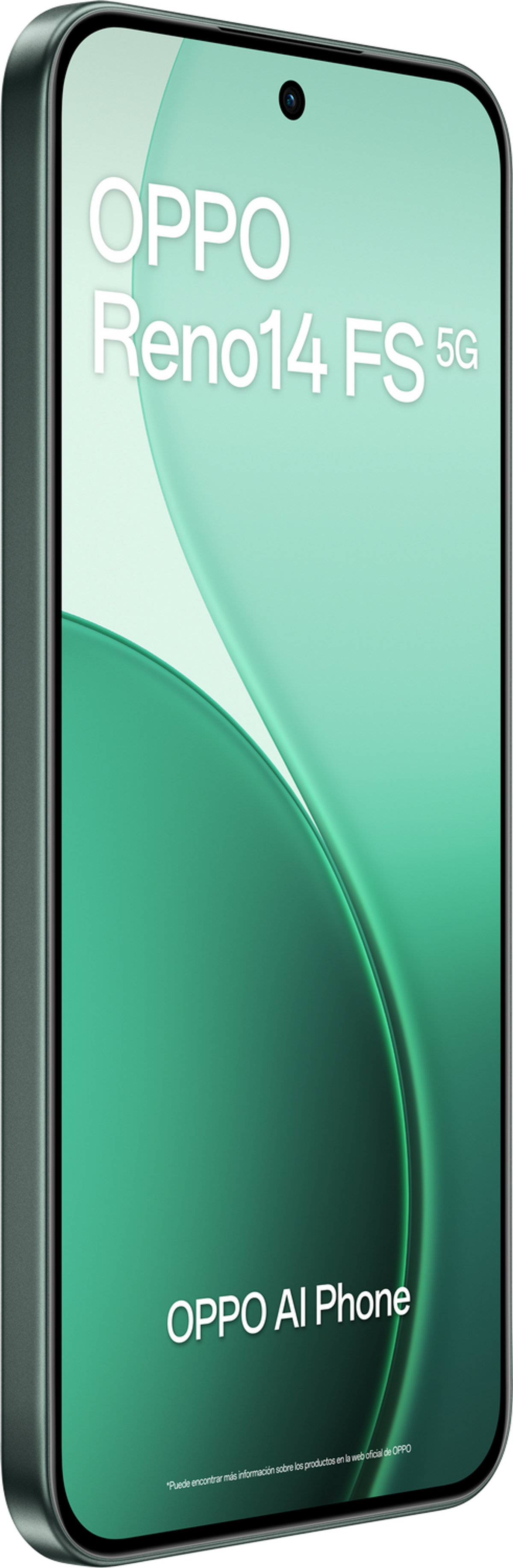 Telefon OPPO z zielonym gradientem. Wyświetla 'OPPO Reno14 FS 5G' i 'OPPO AI Phone'.