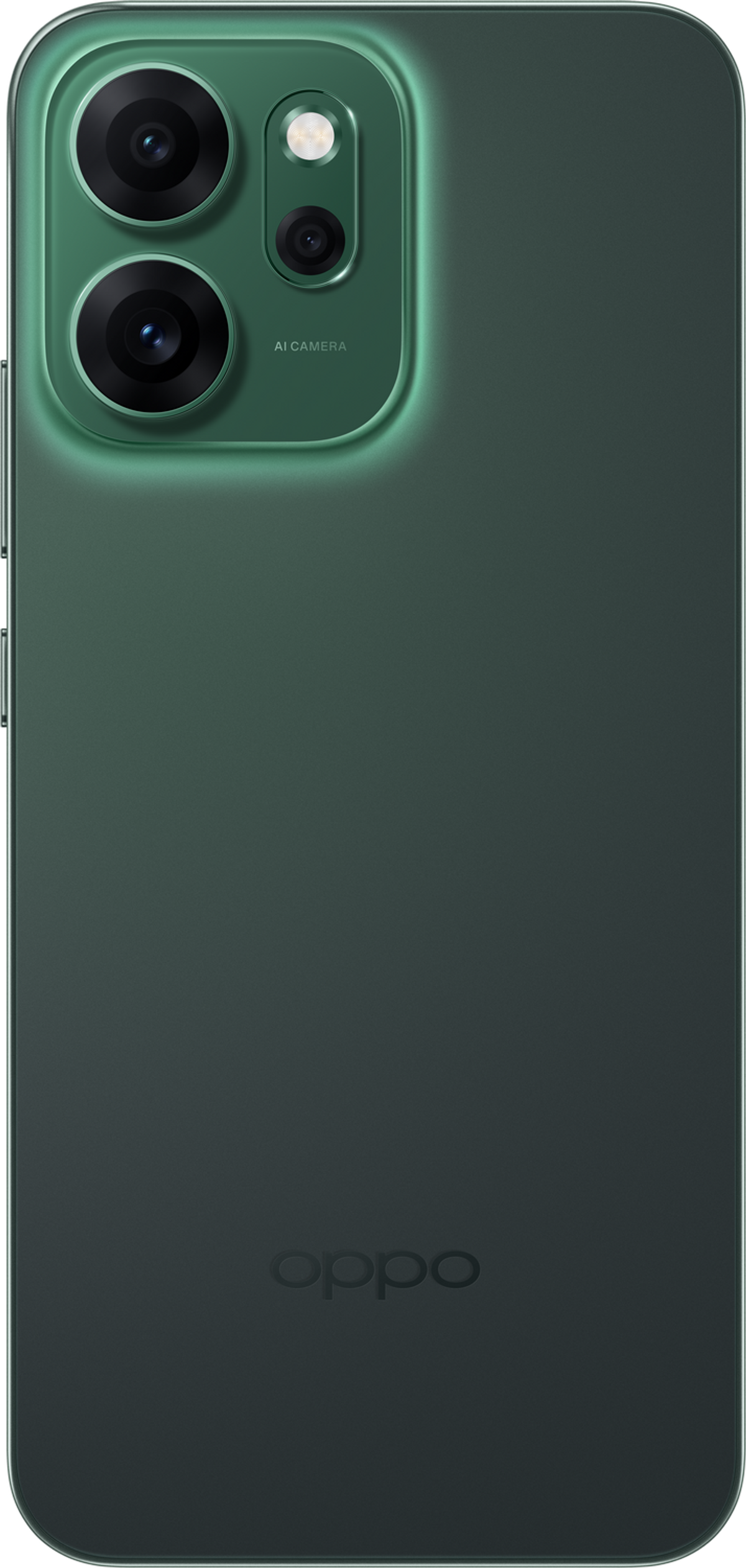 Zielony tył smartfona z modułem aparatu. Zawiera trzy obiektywy i lampę błyskową LED. Logo Oppo na dole.