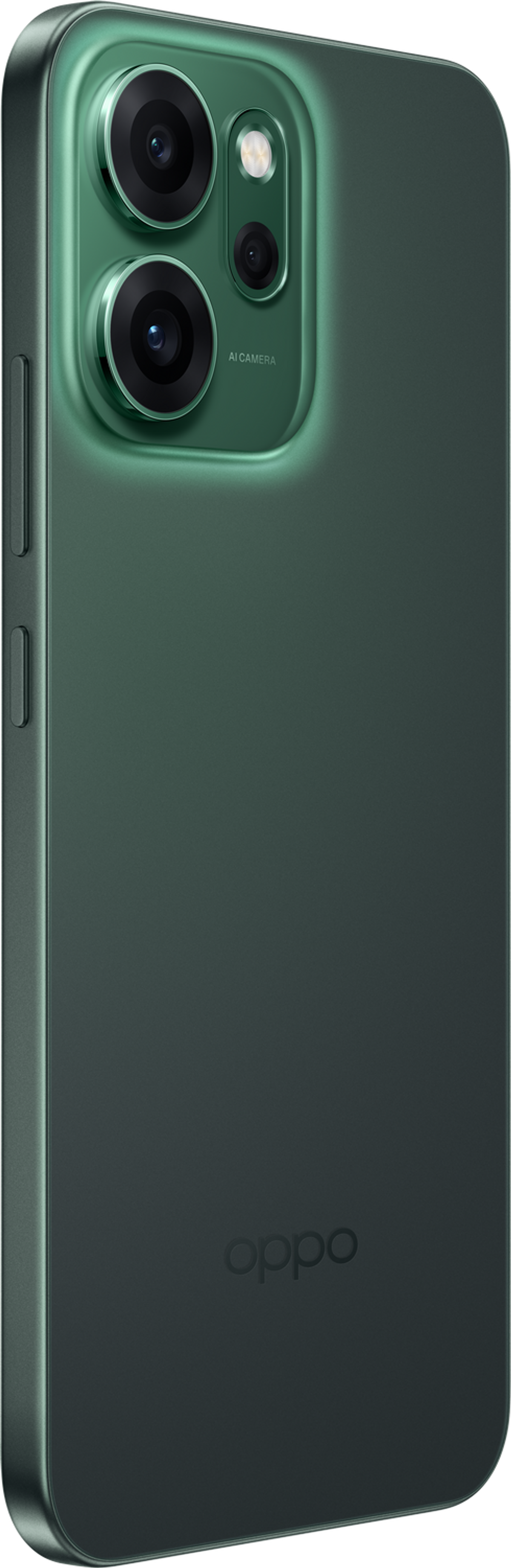 Zielony smartfon Oppo pokazany od tyłu. Ma moduł aparatu z trzema obiektywami i lampą błyskową oraz logo Oppo.
