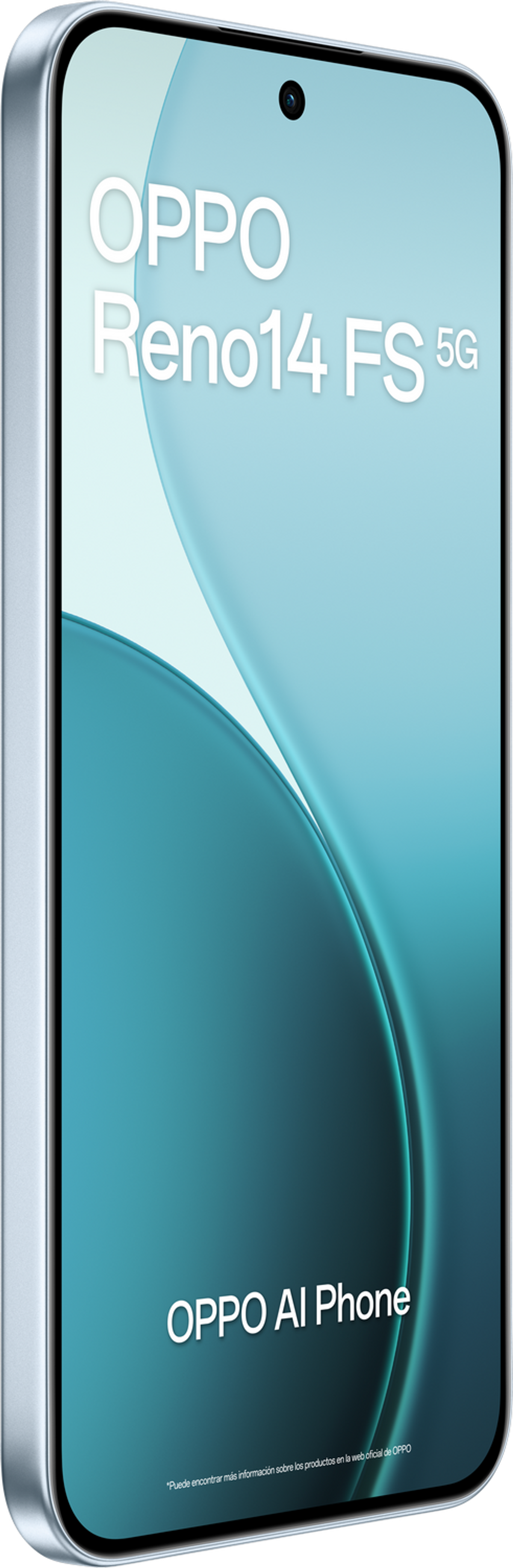 Obraz przedstawia telefon OPPO Reno14 FS 5G. Telefon jest jasnoniebieski, z logo marki i tekstem AI Phone.