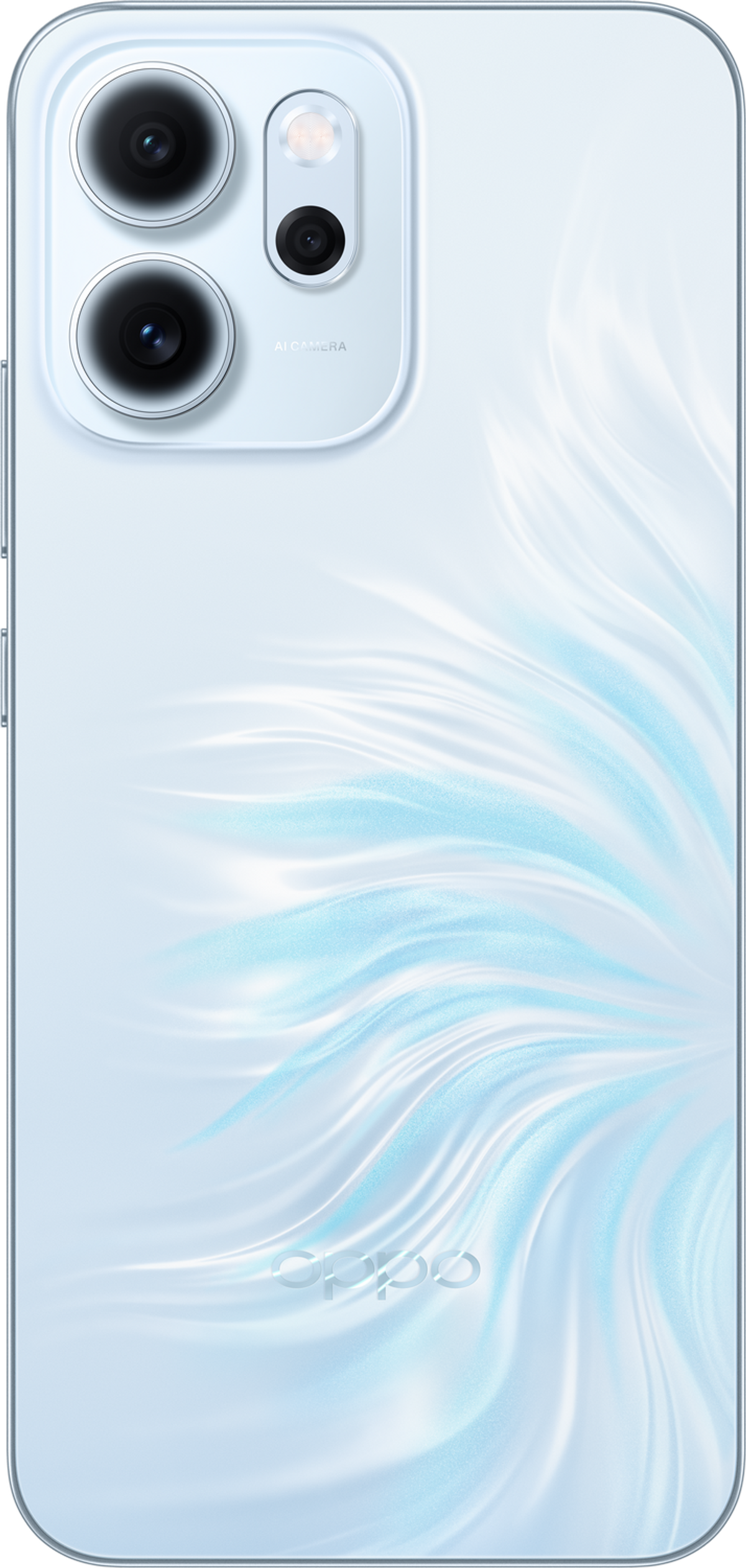 Biały tył smartfona z trzema obiektywami, lampą błyskową i etykietą AI CAMERA. Widoczne logo Oppo.