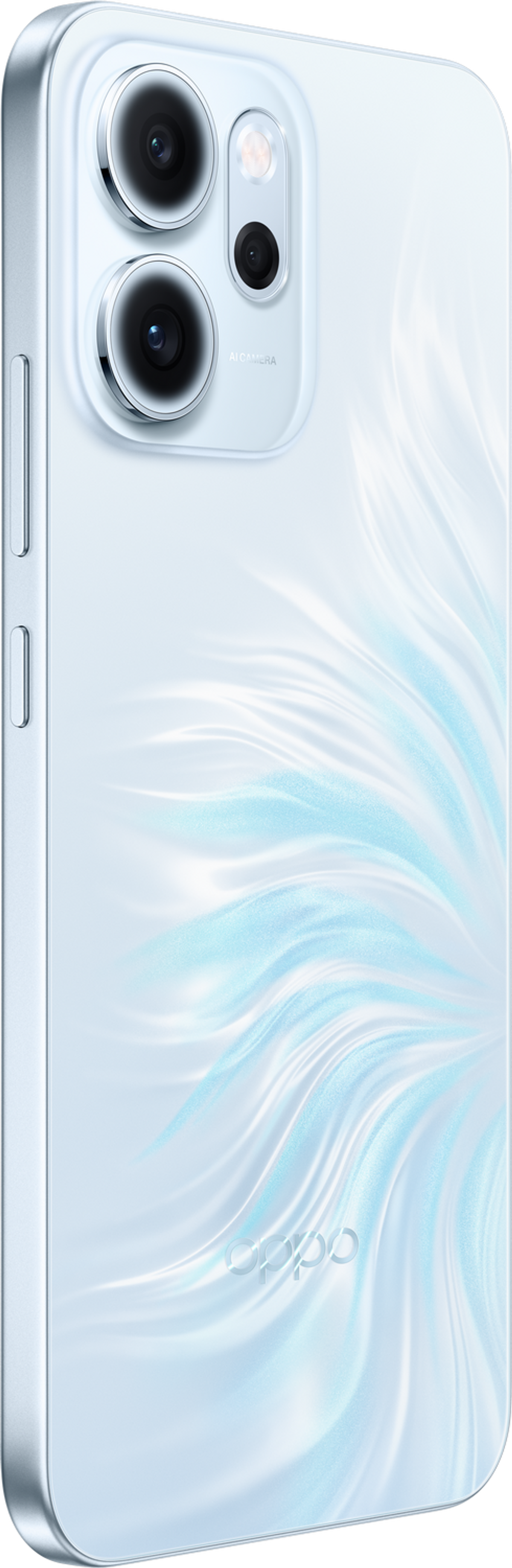 Biały smartfon z trzema aparatami. Tył ma wirujący, jasnoniebieski wzór. Widoczna jest nazwa marki 'OPPO'.
