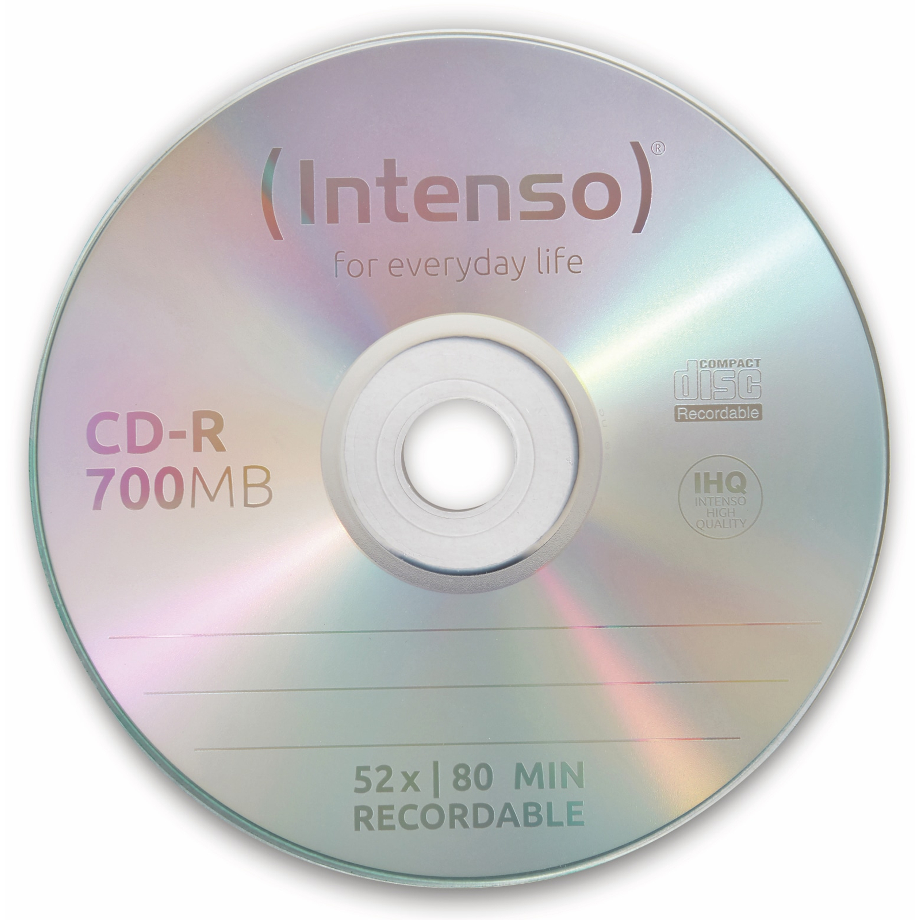 Płyta CD-R z logo Intenso, etykietą CD-R 700MB i informacjami o pojemności nagrywania. Płyta ma odblaskową powierzchnię.