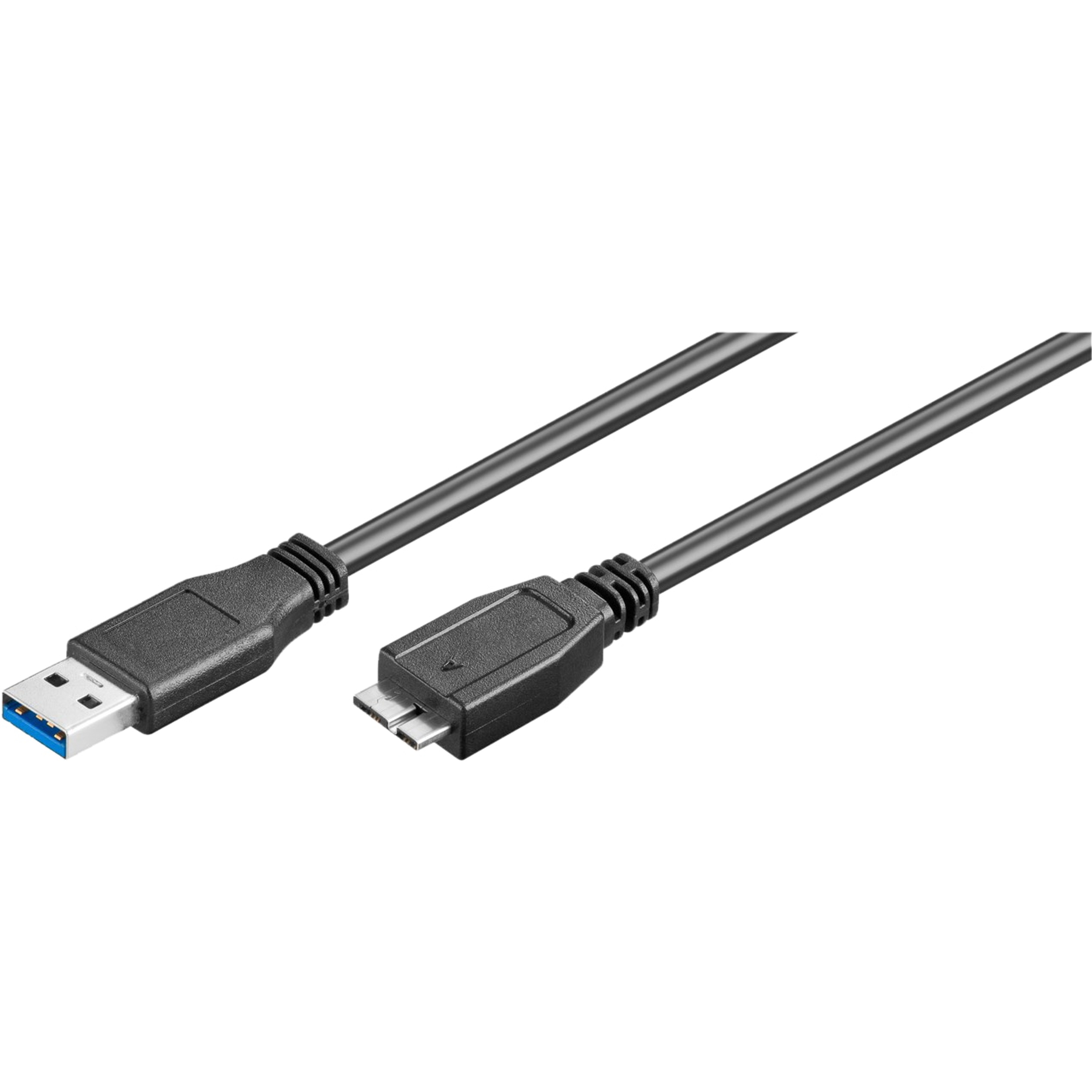 Un cavo USB nero con connettore USB-A a sinistra e micro-USB a destra, sfondo bianco.