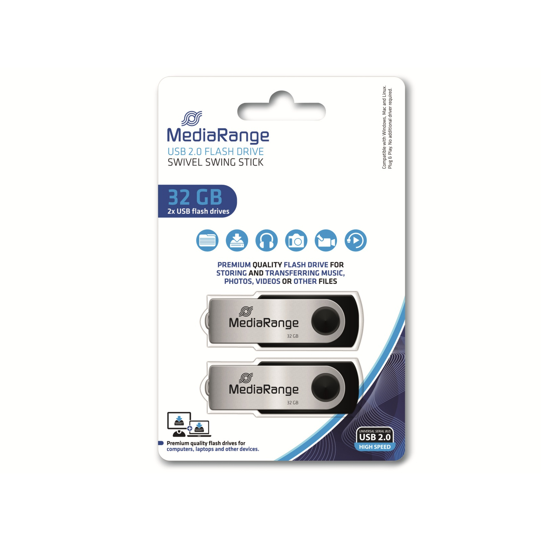 Opakowanie z pendrive'ami MediaRange. Srebrne napędy, czarne detale, białe tło. Tekst na opakowaniu.