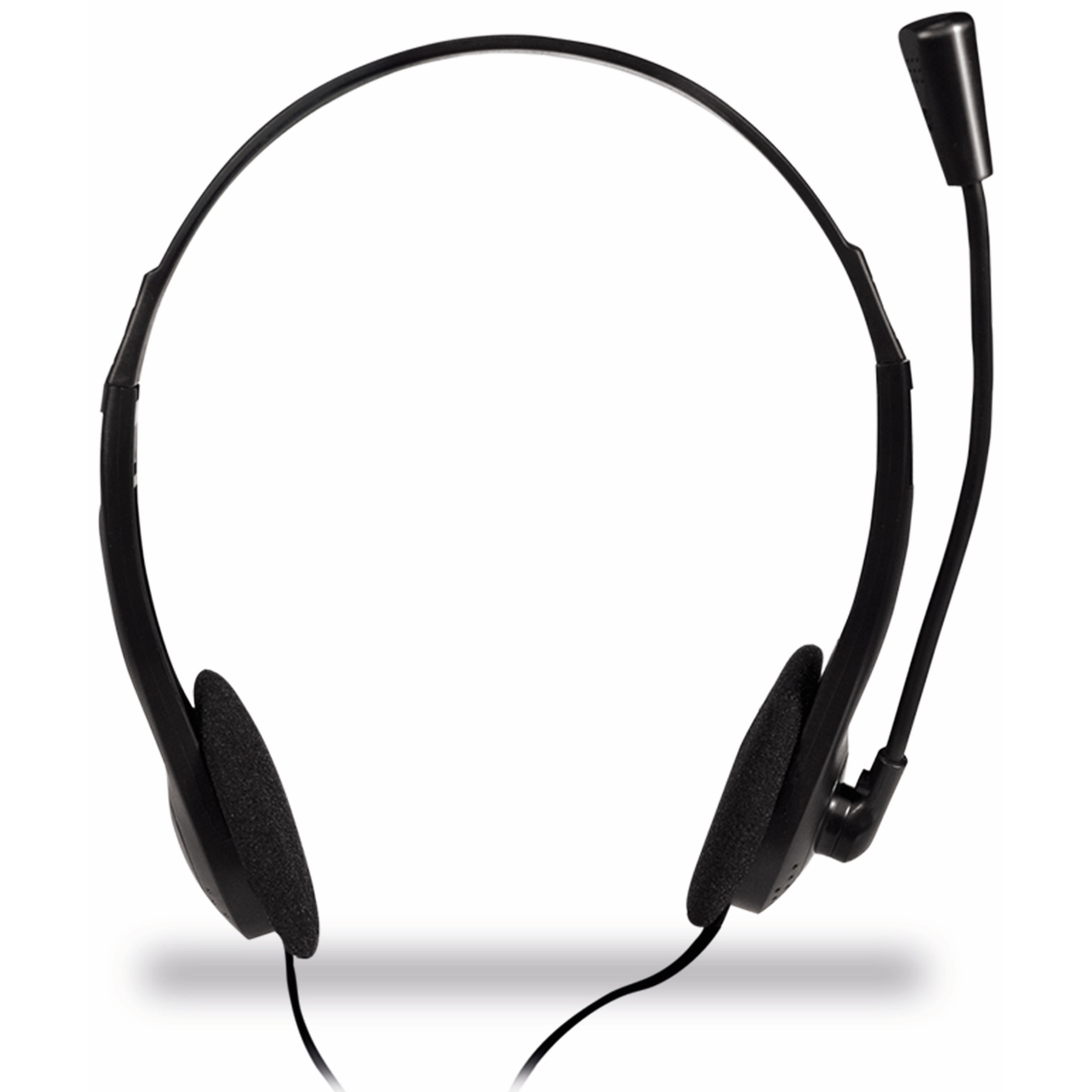 Schwarzes Headset mit Mikrofon. Gepolsterte Ohrmuscheln, Bügel und ein flexibler Mikrofonarm. Isoliert auf weißem Hintergrund.