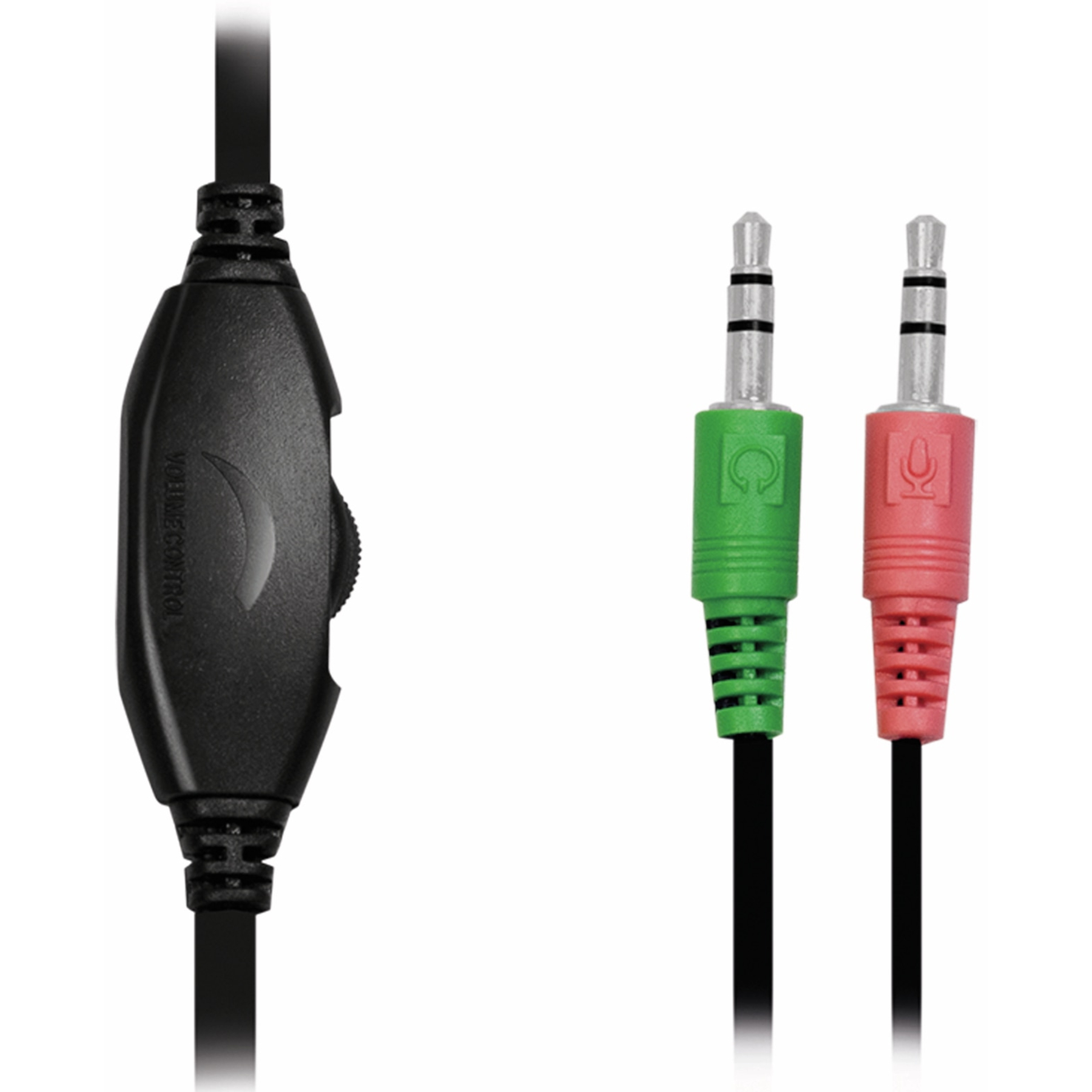 Ein Headset-Kabel mit Lautstärkeregler und zwei 3,5-mm-Klinken, eine grüne für Audio, die andere rosa für Mikrofon.