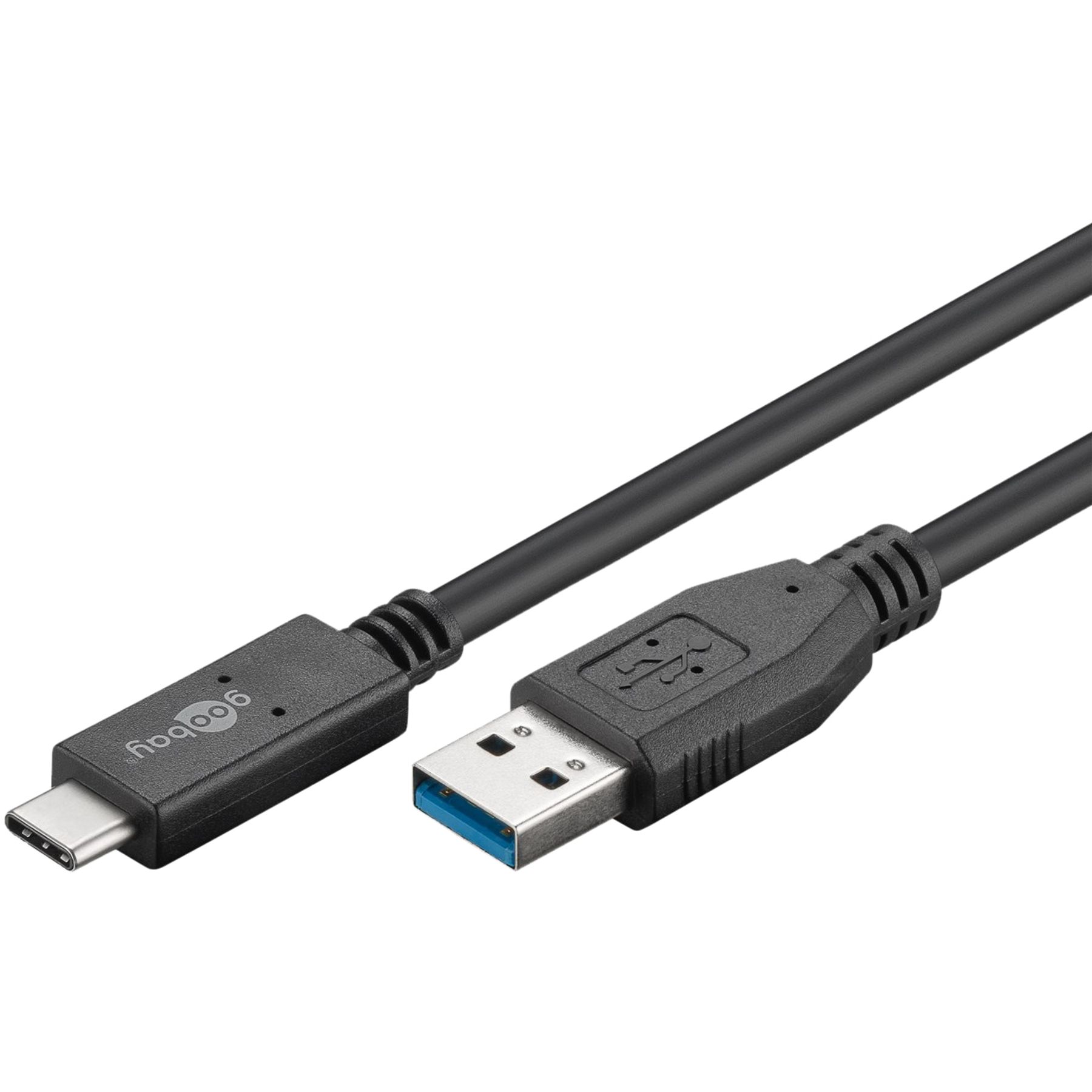 Cavo USB nero con connettori USB-C e USB-A, su sfondo bianco. Il connettore USB-A ha l'interno blu.