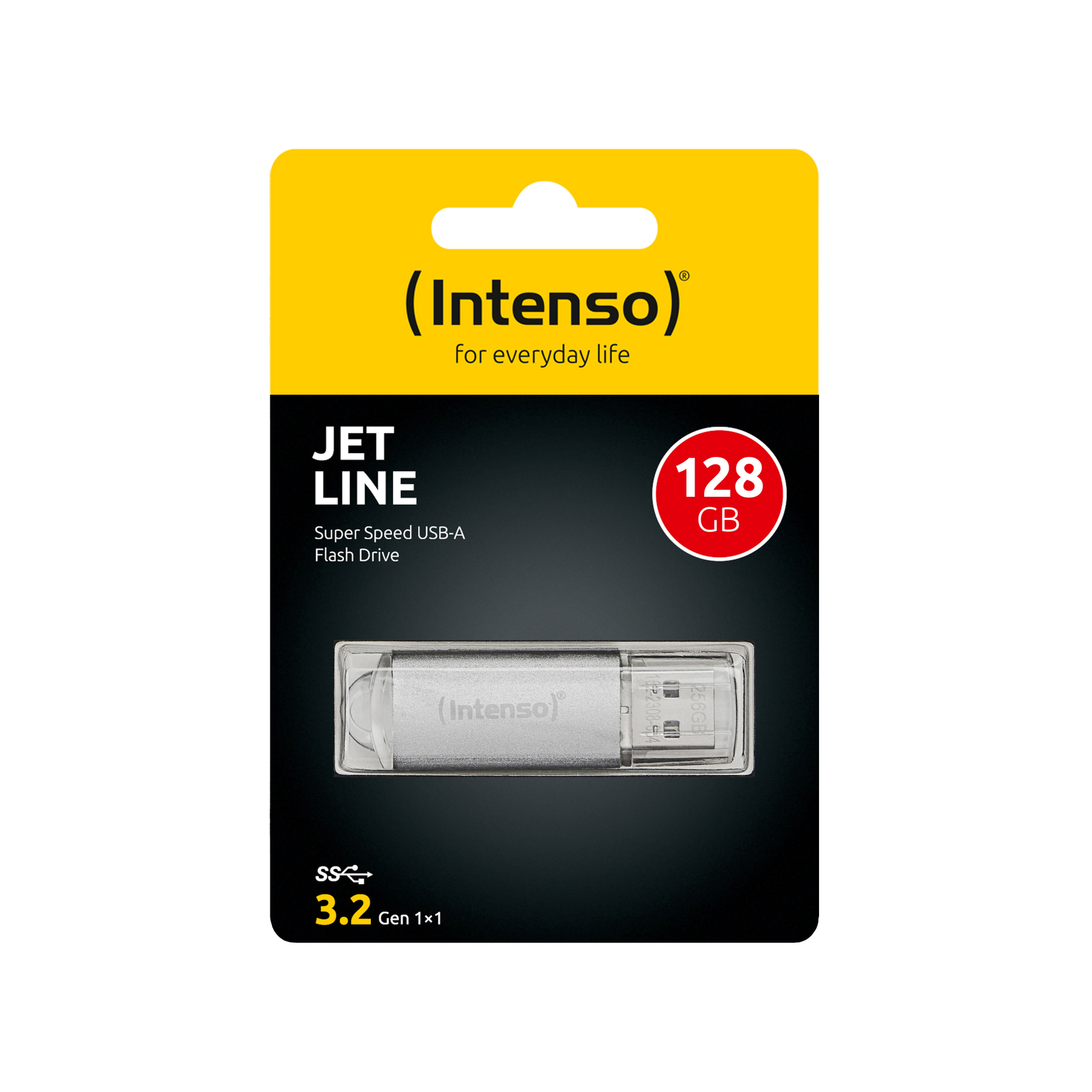 Opakowanie produktu ze srebrnym pendrivem. Opakowanie wyświetla markę, nazwę produktu i pojemność.