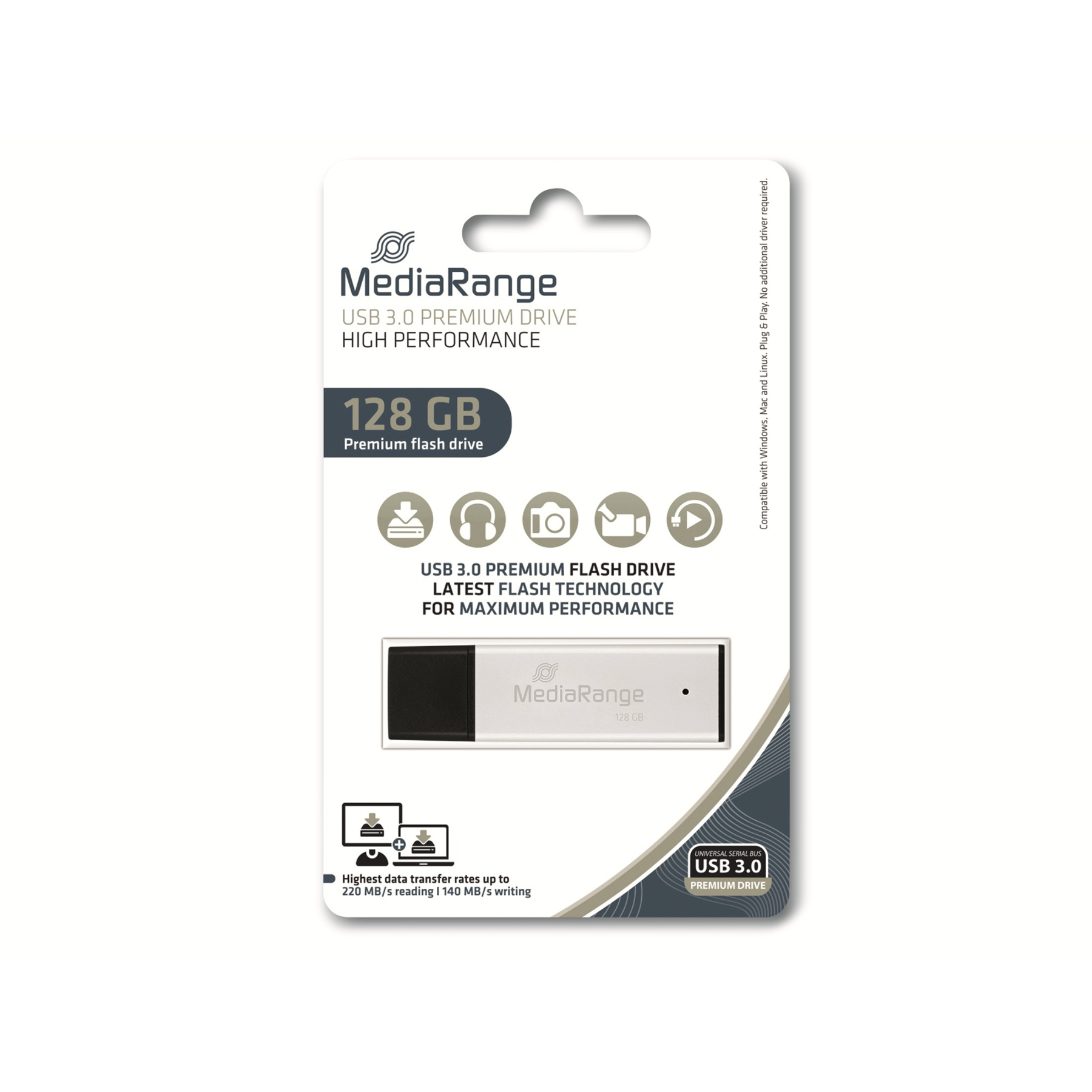 Opakowanie dysku flash premium USB 3.0 MediaRange ze srebrnym dyskiem USB. Tekst zawiera pojemność, szczegóły wydajności i logo USB 3.0.