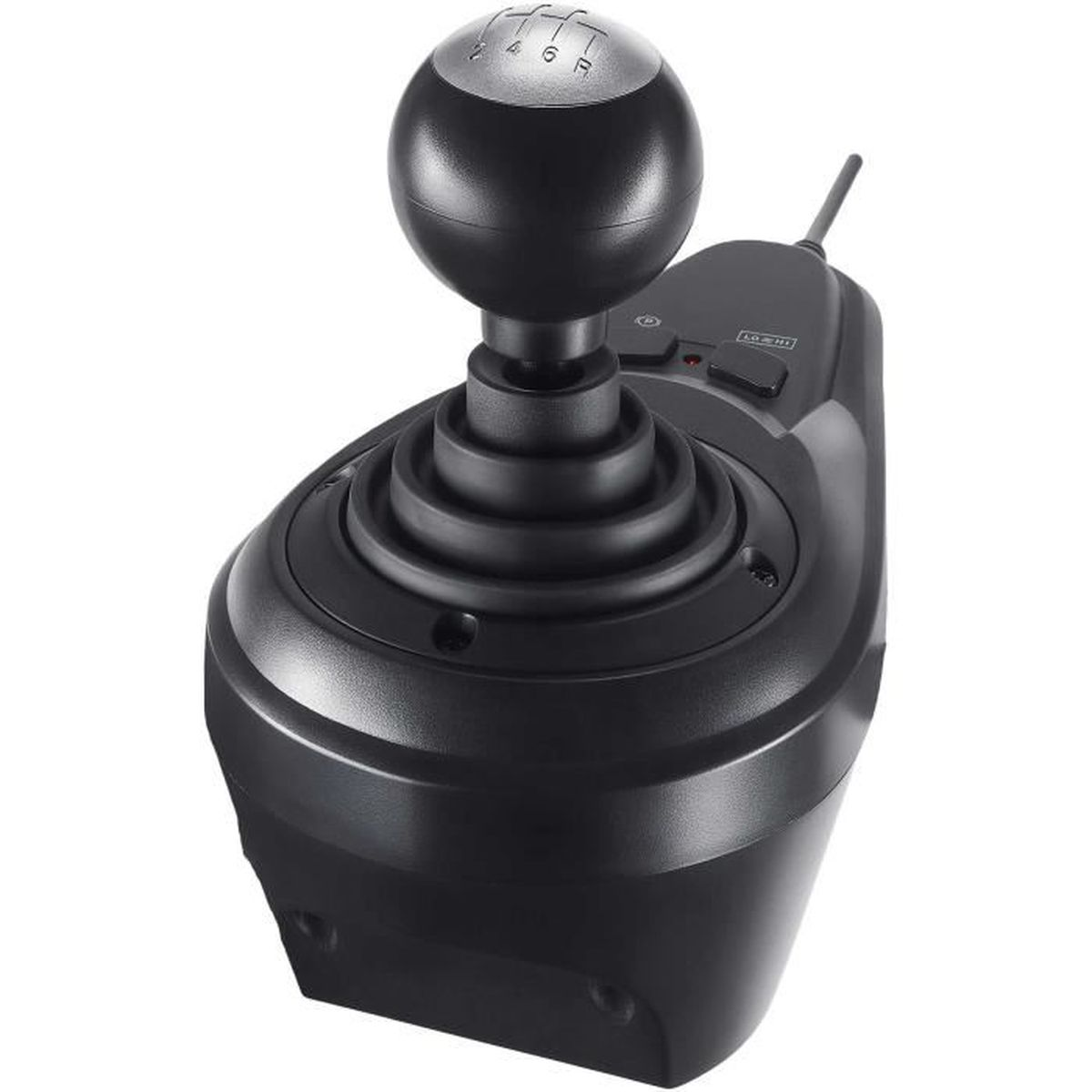 Czarna dźwignia zmiany biegów ze srebrną górą. Widoczne cyfry 1-6 i R. Podstawa czarna i kątowa.