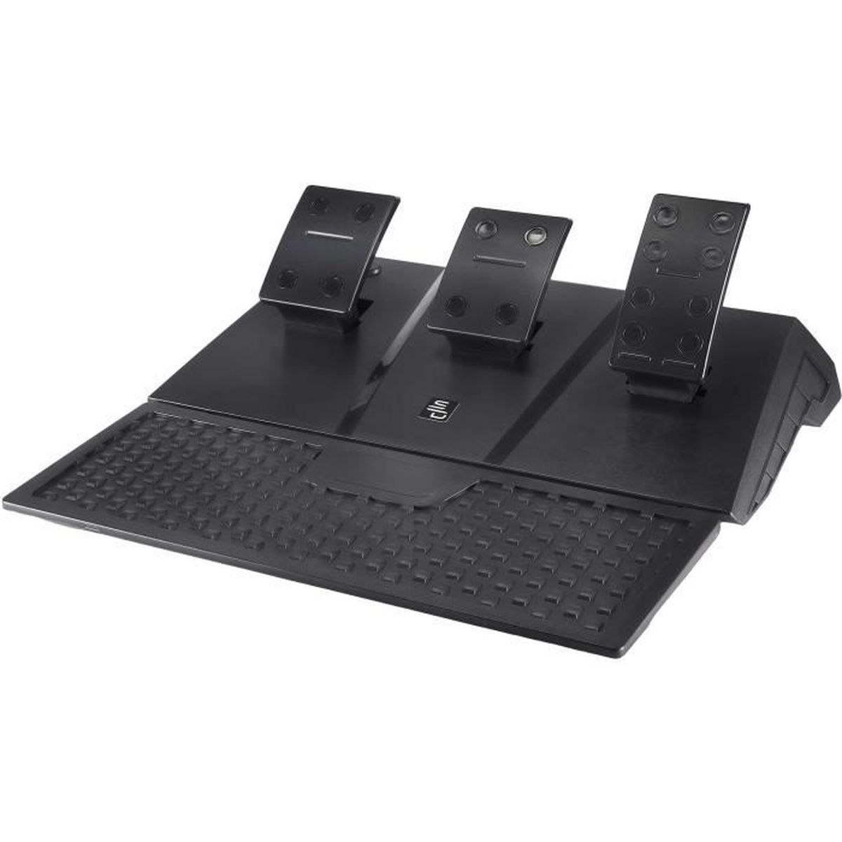 Czarny zestaw pedałów do gier z trzema pedałami. Podstawa ma teksturowaną powierzchnię na stopy. Pedały są skierowane w górę.