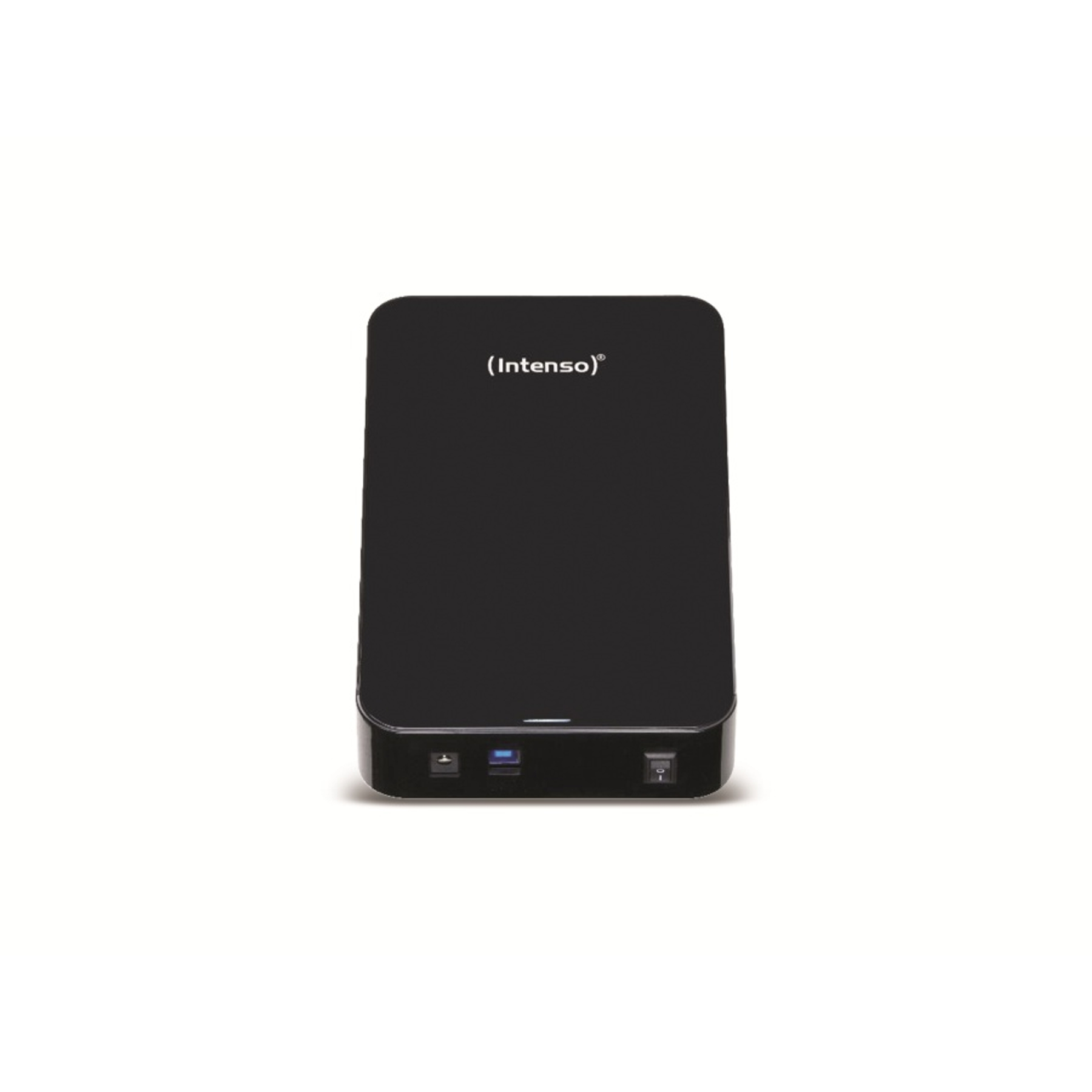 Czarny zewnętrzny dysk twardy Intenso na białym tle. Ma nazwę marki, przycisk zasilania i światło.